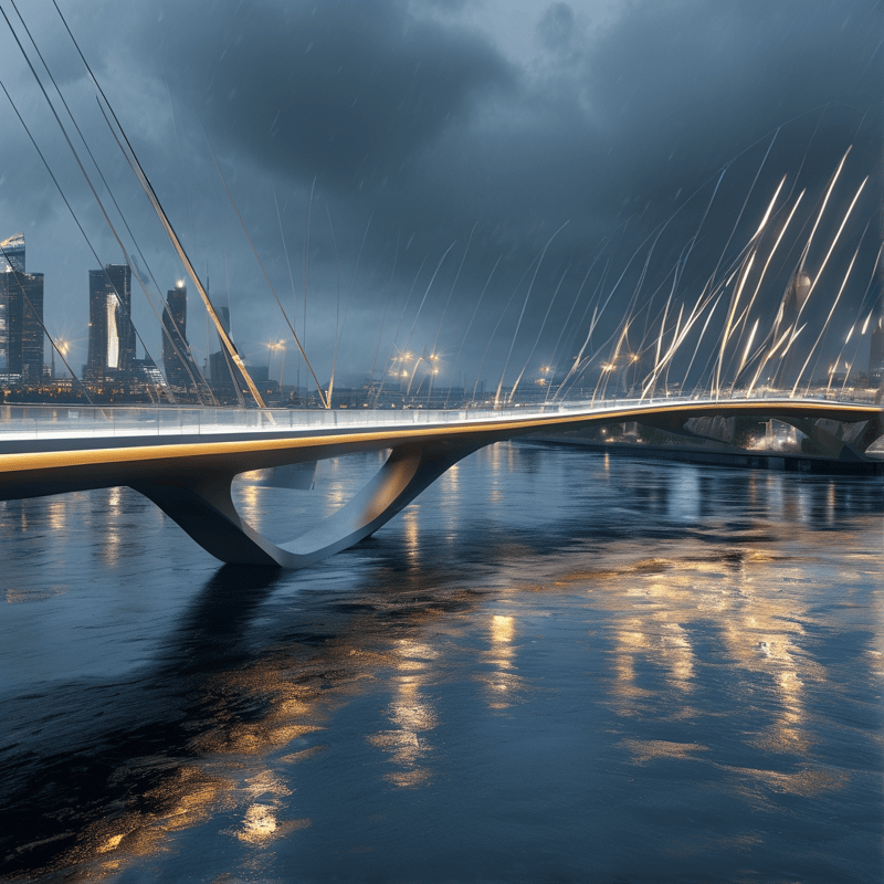 Curved bridge with glowing edges reflects onto dark rippling water beneath a heavy rainstorm.