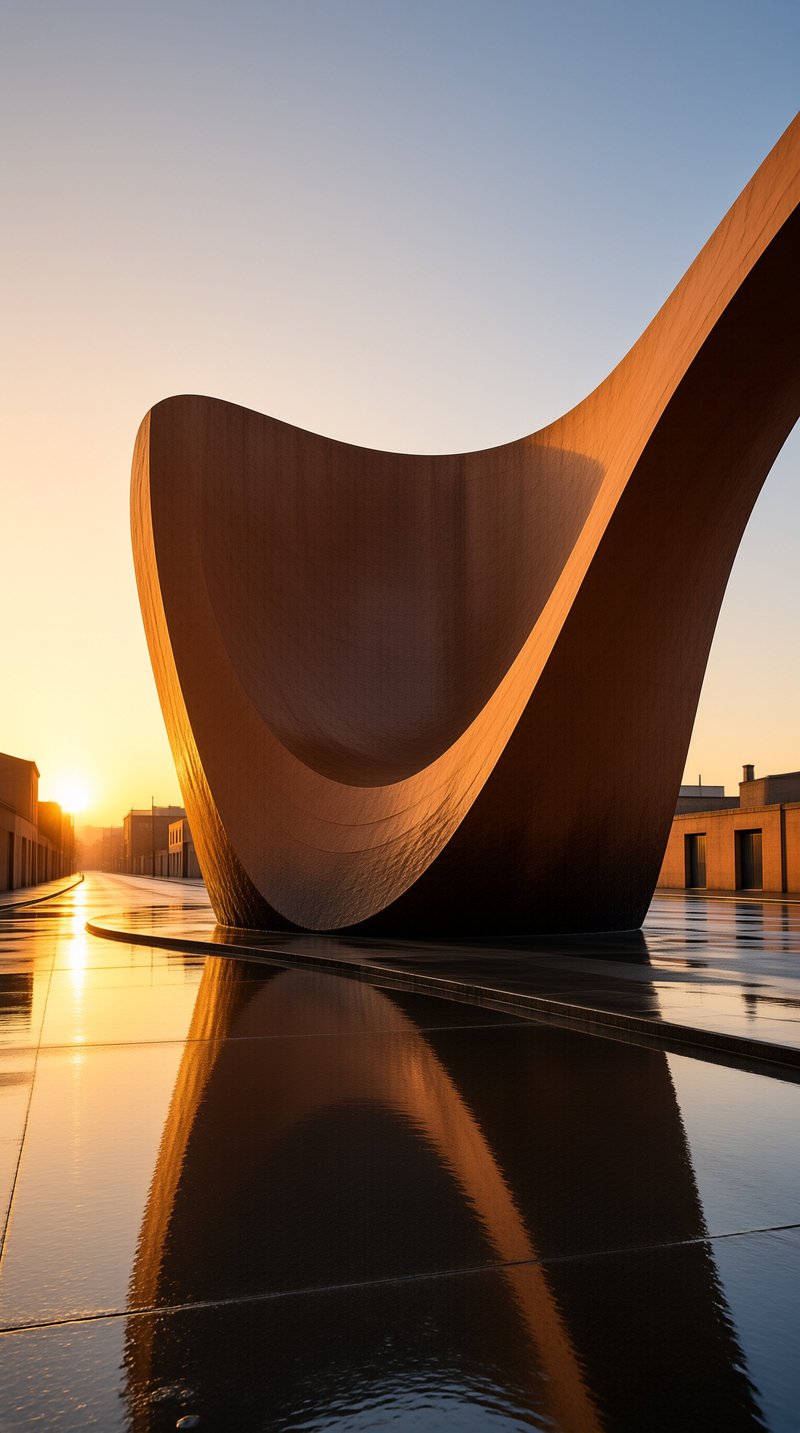 A massive rusted abstract form rises above slick pavement during golden hour with low buildings visible in the distance.