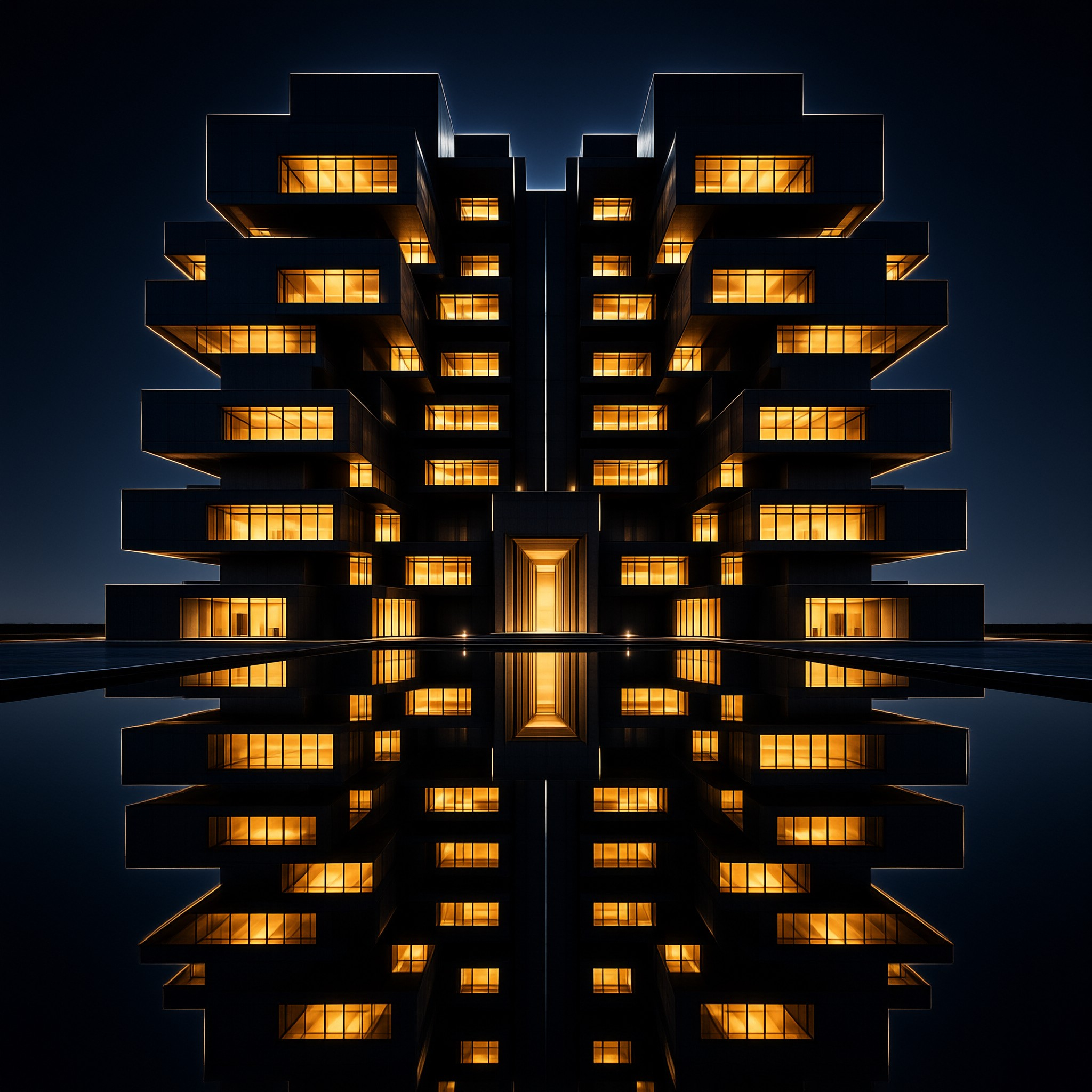 A tall symmetrical structure with glowing windows stands against the night sky reflected in water