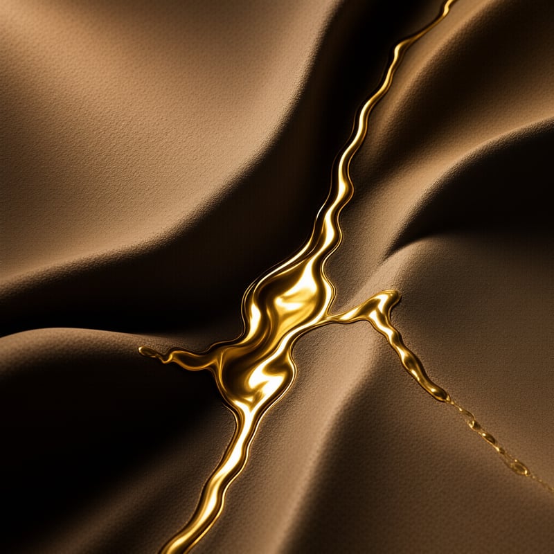 A bright rivulet of liquid gold traces the crease where sheets of dark bronze satin rise and fall in soft folds.