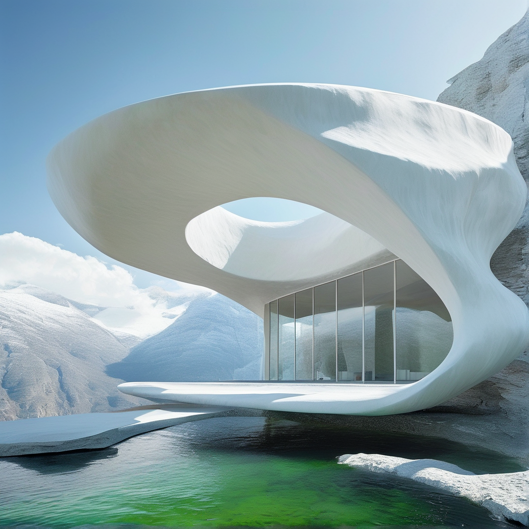 A flowing white curved structure with large glass walls rests in a snow capped mountain valley beside vivid green clear water under bright sunshine.