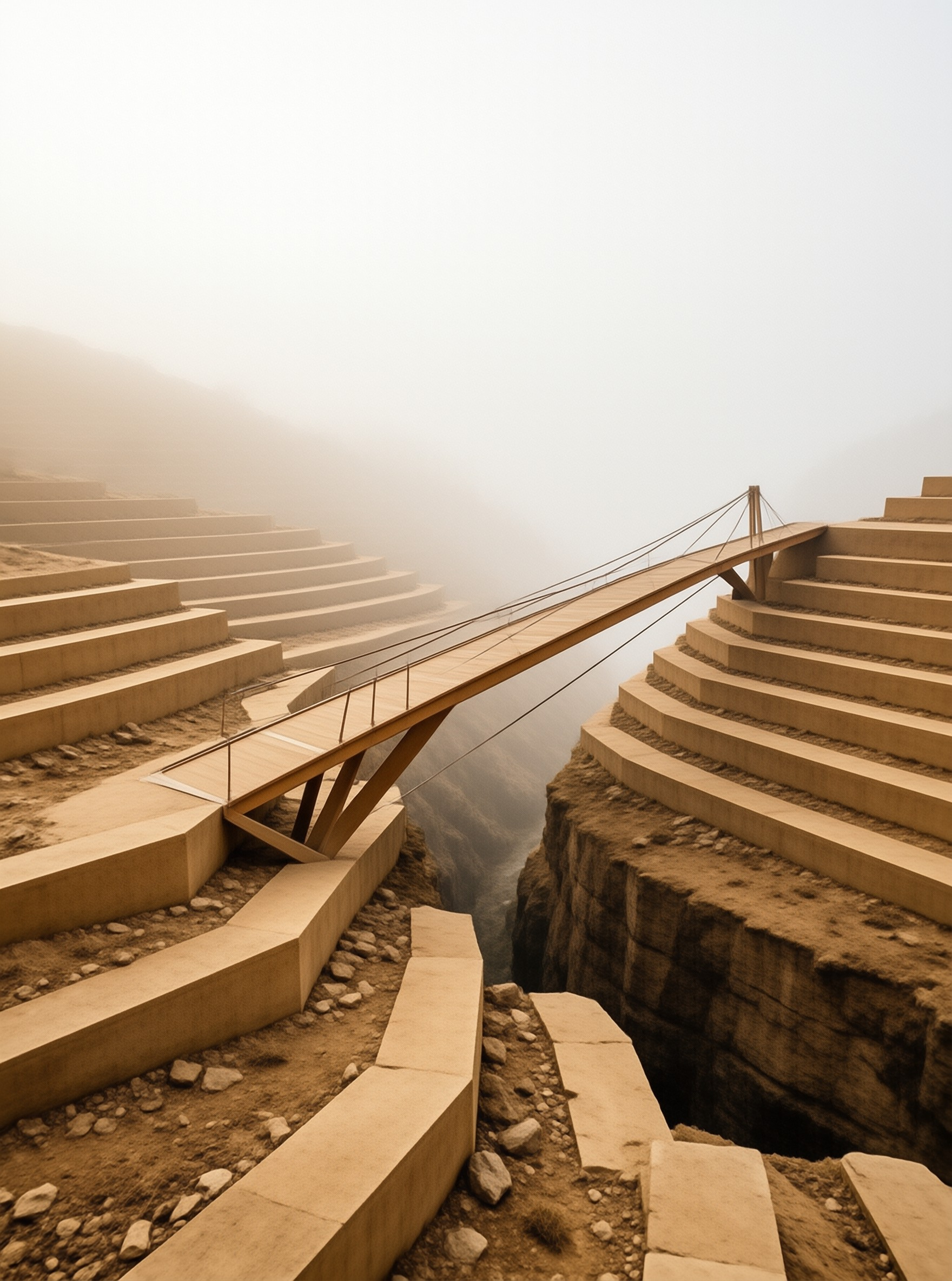 Curved sand-colored terraces step down into a misty ravine crossed by a narrow cable footbridge.