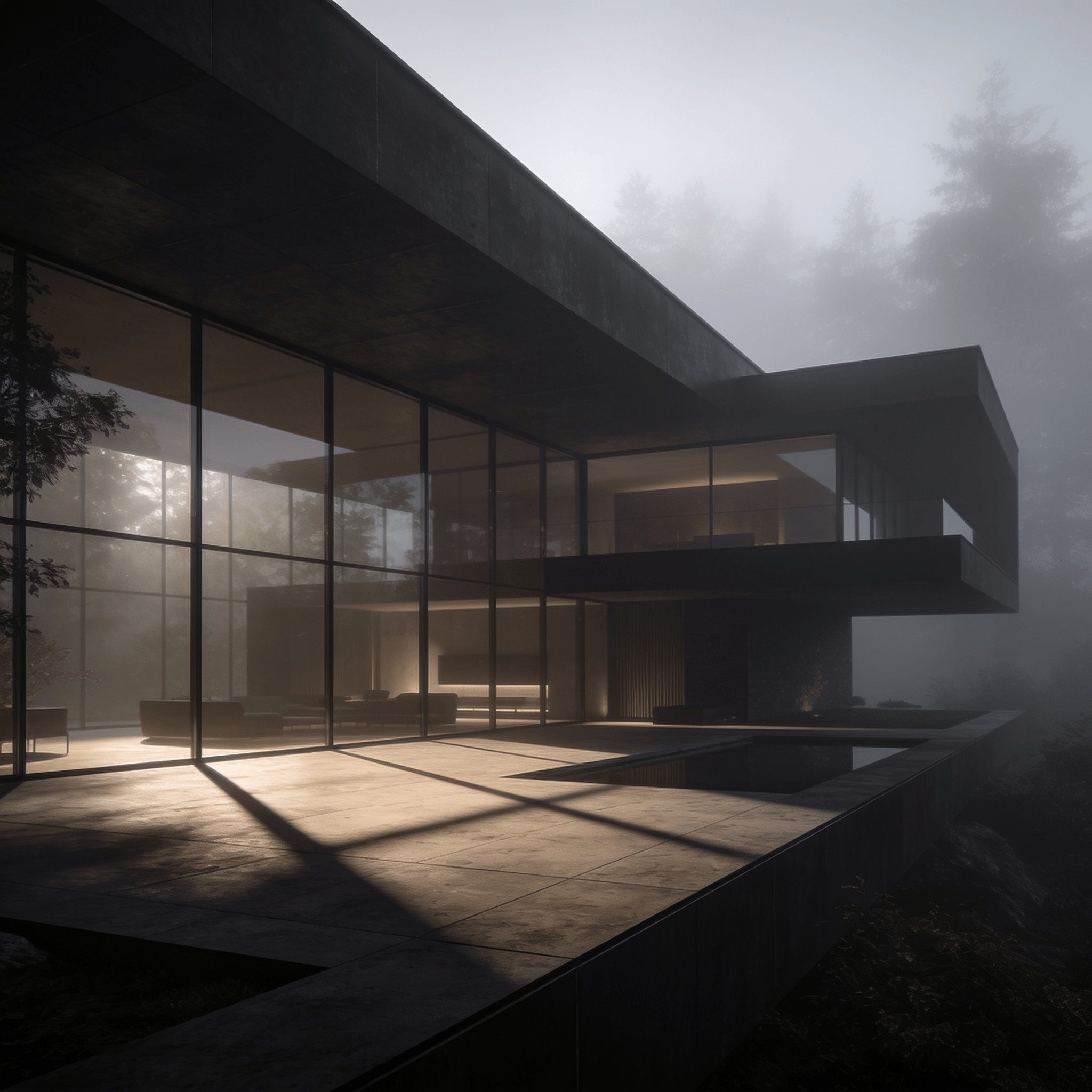 Villa with Glass Curtain Wall — Foggy Morning