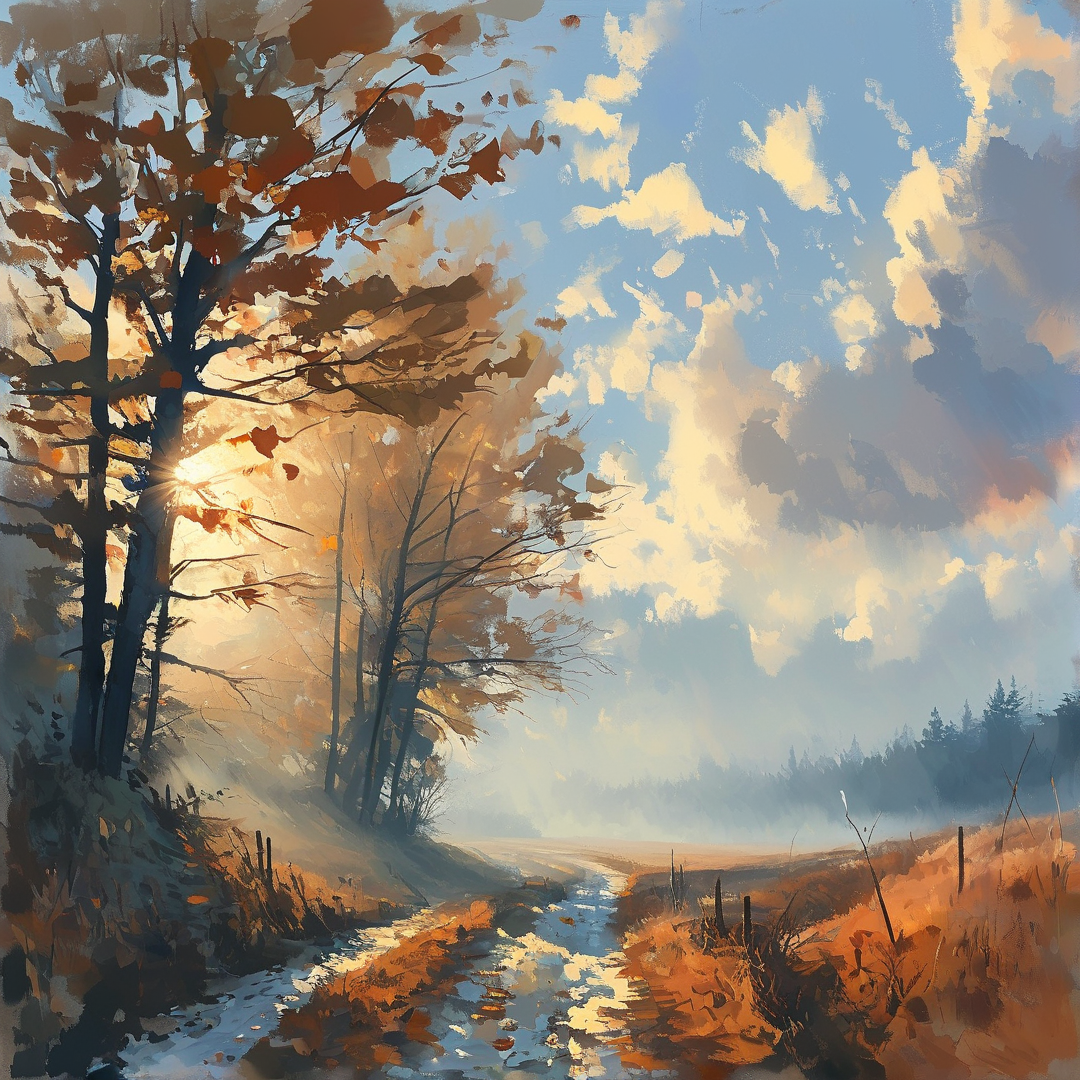 A narrow dirt road runs between russet autumn trees and golden grassland under a bright sun-dappled hazy blue sky