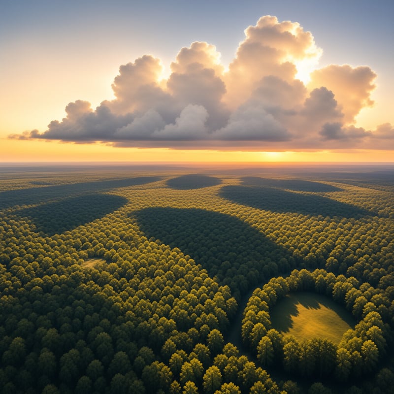 An aerial view of endless treetops with cloud shadows and a bright cumulus at golden hour.