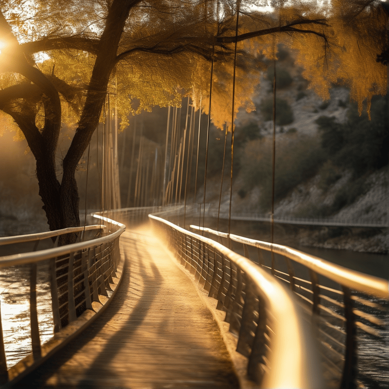 A wooden suspension bridge curves over a quiet river, flanked by yellow autumn trees lit by soft morning sunlight.