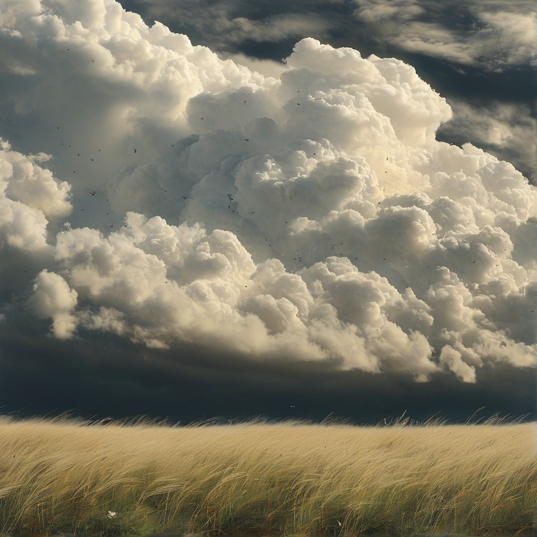 Towering white cumulus clouds loom over a field of tall golden grass illuminated by bright sunlight.