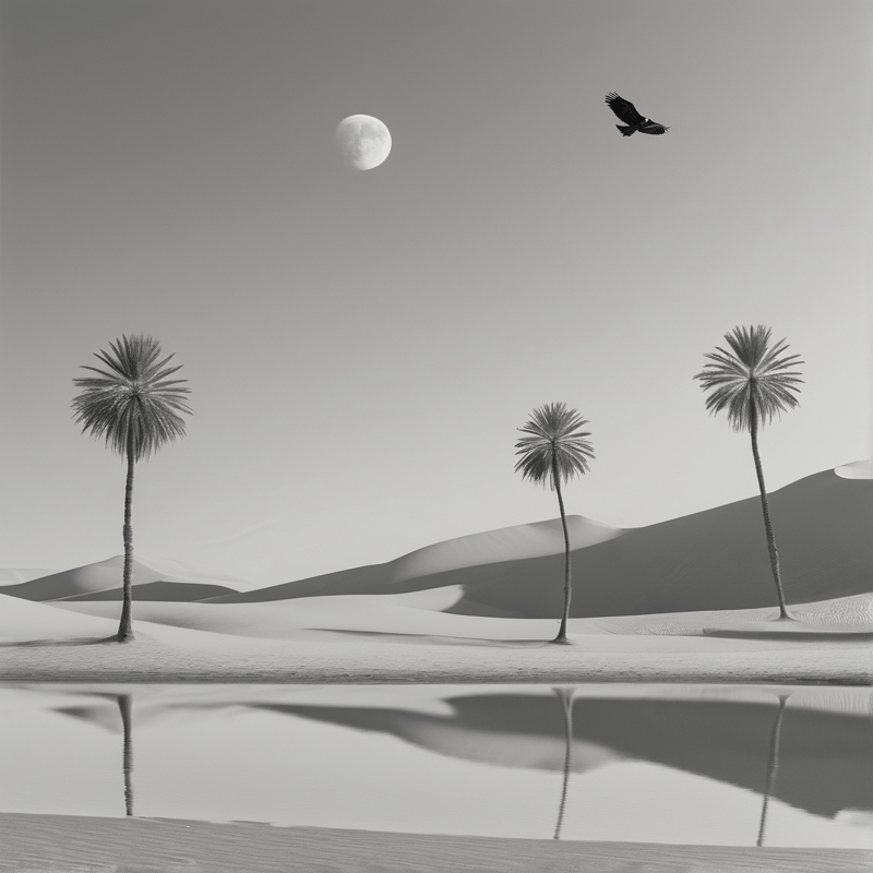 A black and white photograph shows three palm trees standing near a body of water with their reflections visible on the surface while a large moon hangs in the sky and a bird flies across the upper right side against rolling dunes.