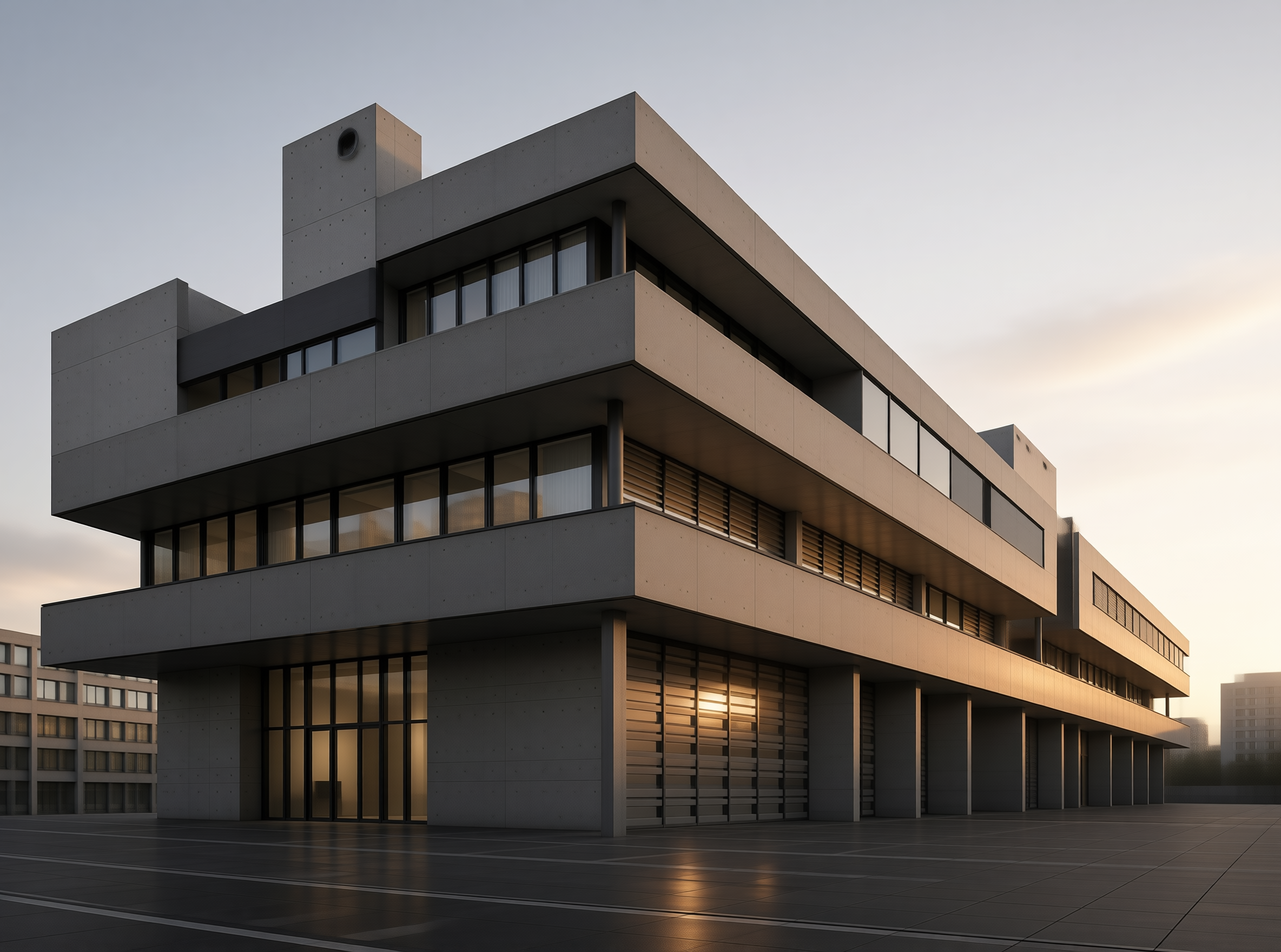 Brutalist Building at Sunset