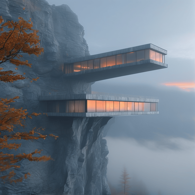 A glass-walled concrete dwelling juts from a rocky cliff above a sea of morning mist.