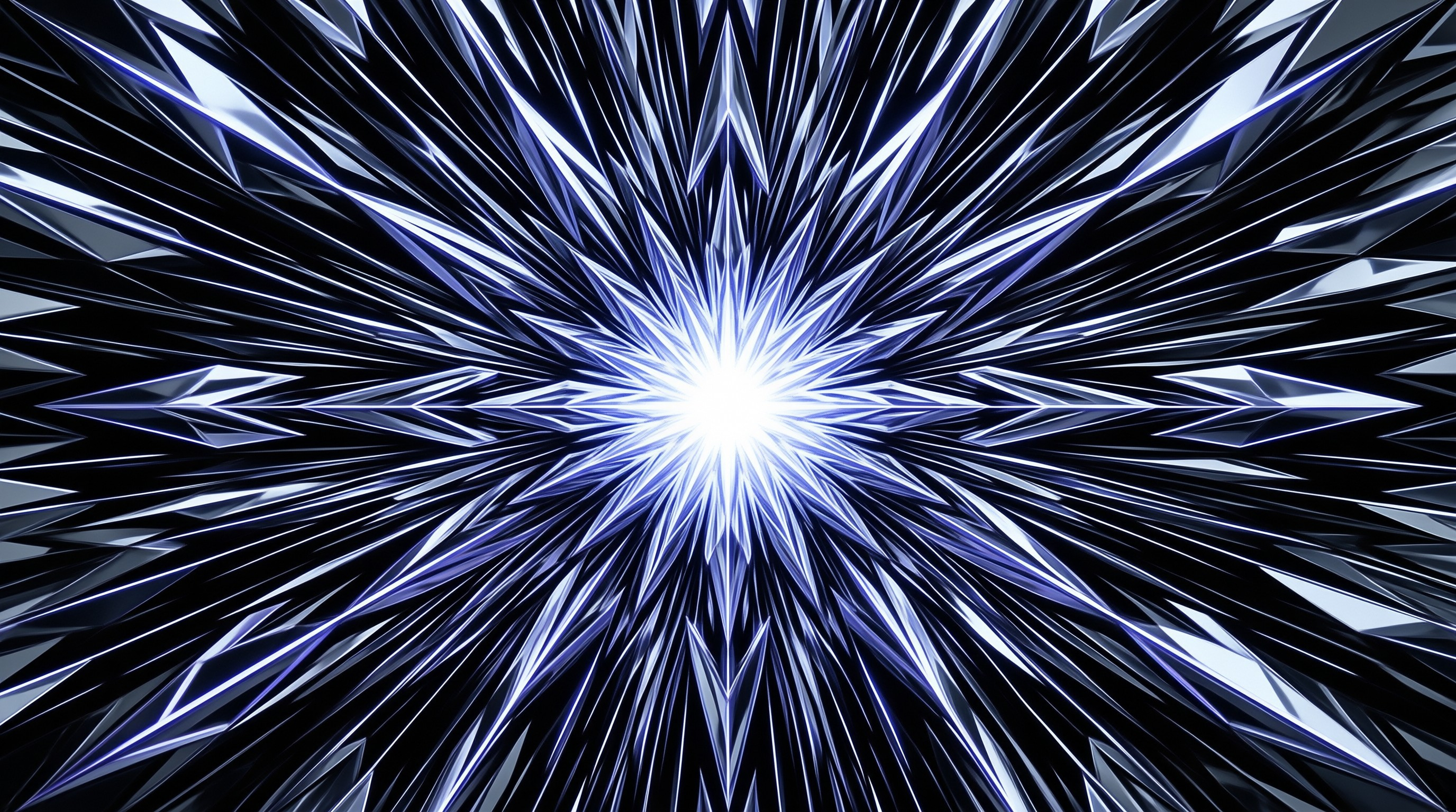 Bright white center radiates sharp blue and silver crystalline spikes outward across a deep black background.