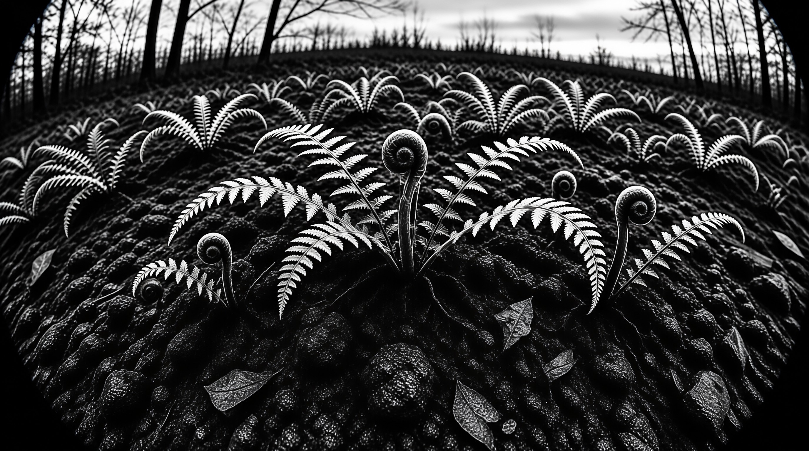 Rows of unfurled fern fronds stand upright against a textured ground with a treeline behind them.