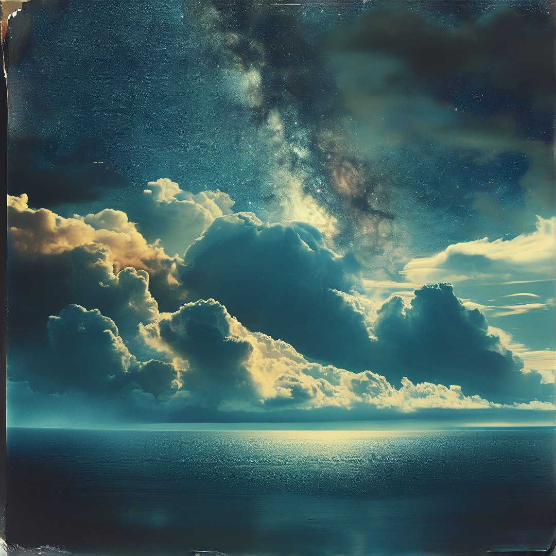 Large white clouds float above a calm sea while stars shine through the upper atmosphere during twilight hours.