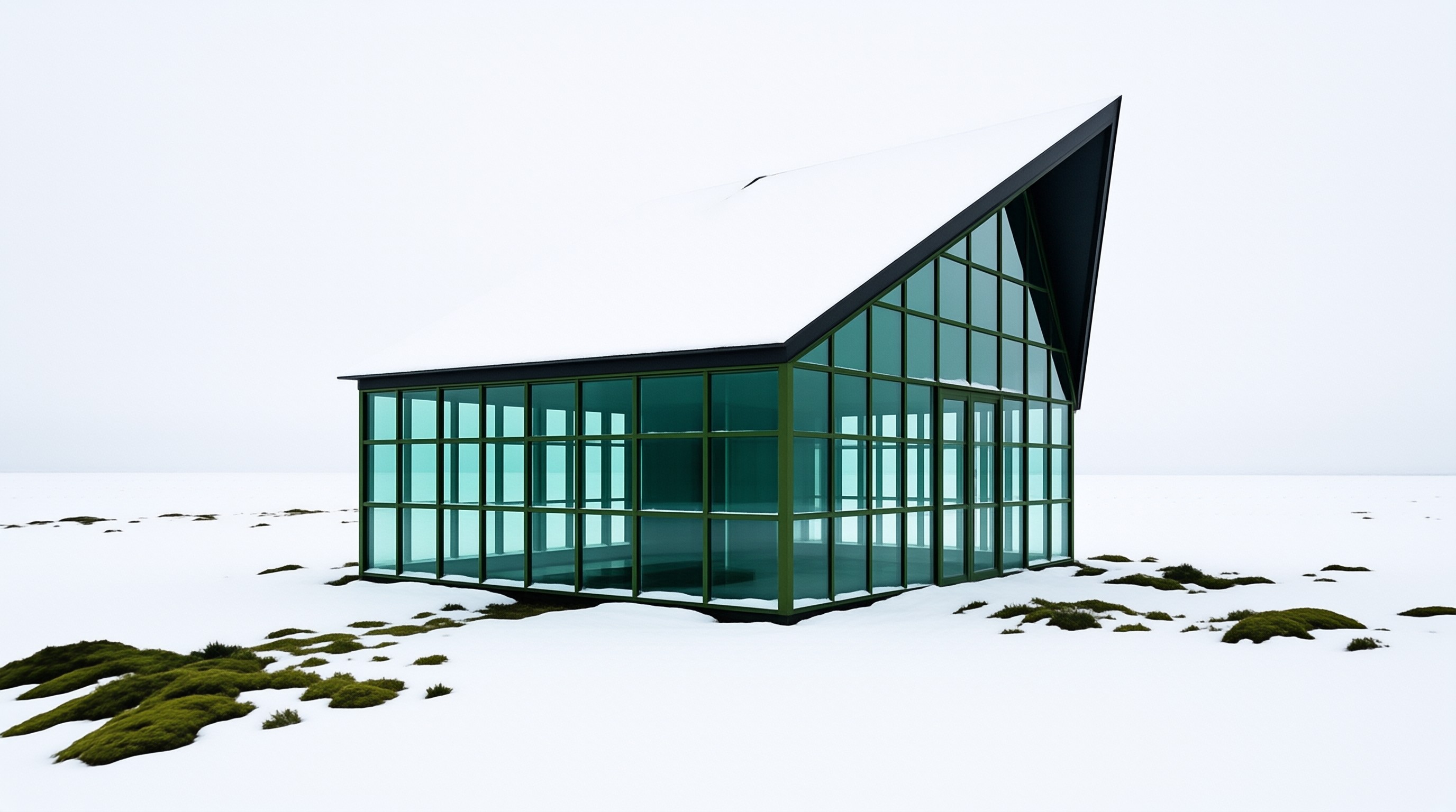 A sharp glass building sits isolated in a vast white snowy field with green moss patches at its base under an overcast sky