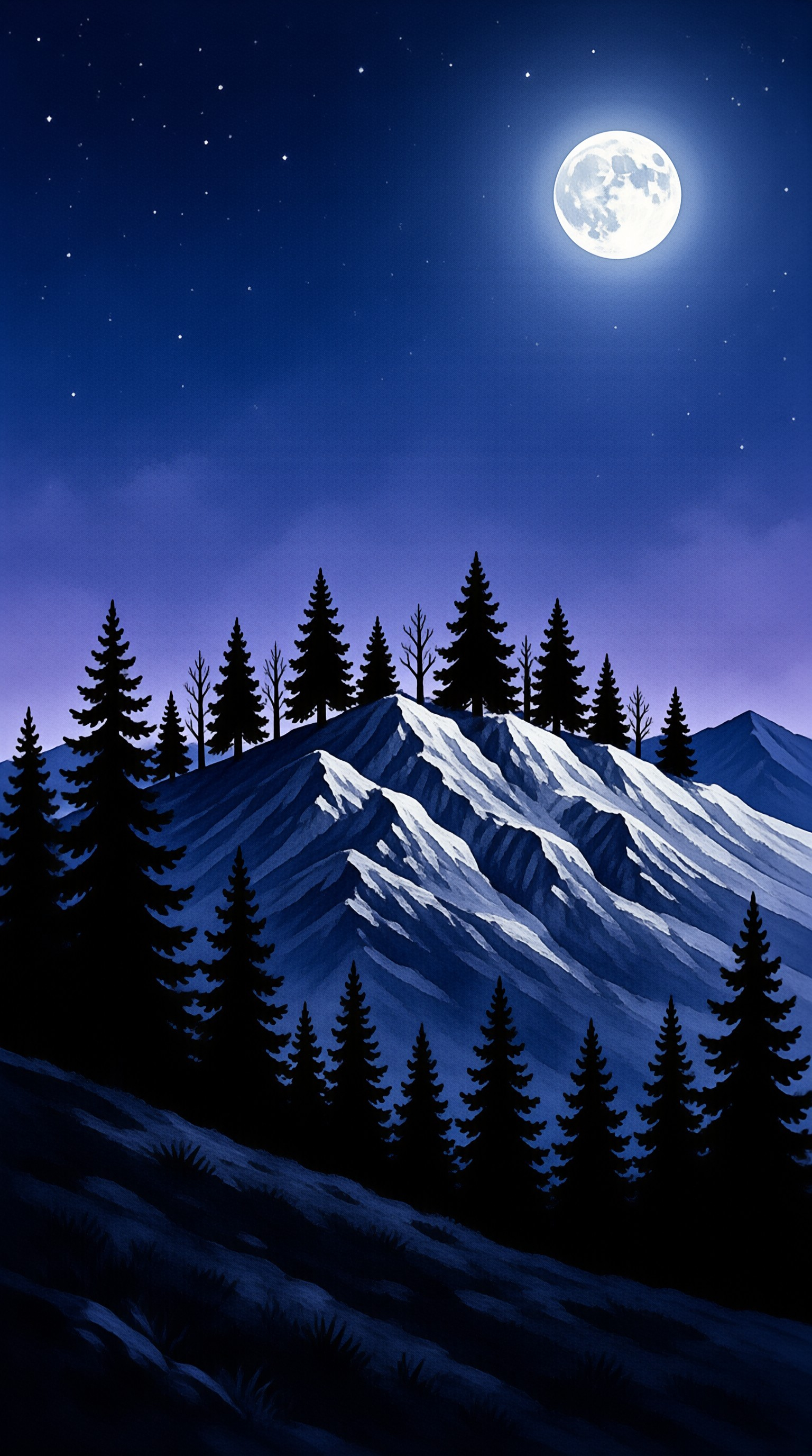 A luminous full moon hangs over snow covered peaks and dark pine silhouettes in a starry night sky.