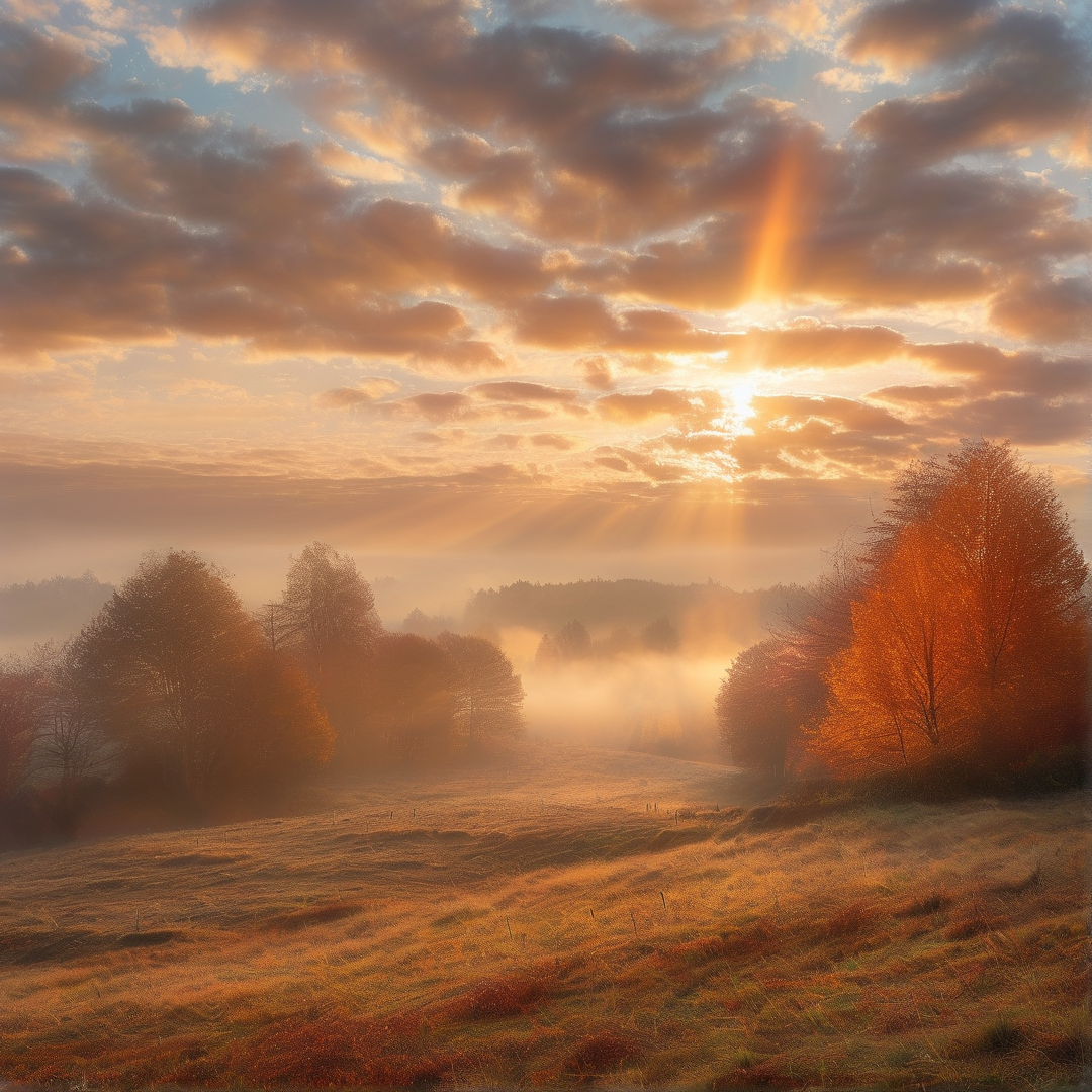 Misty Sunrise Over Fields