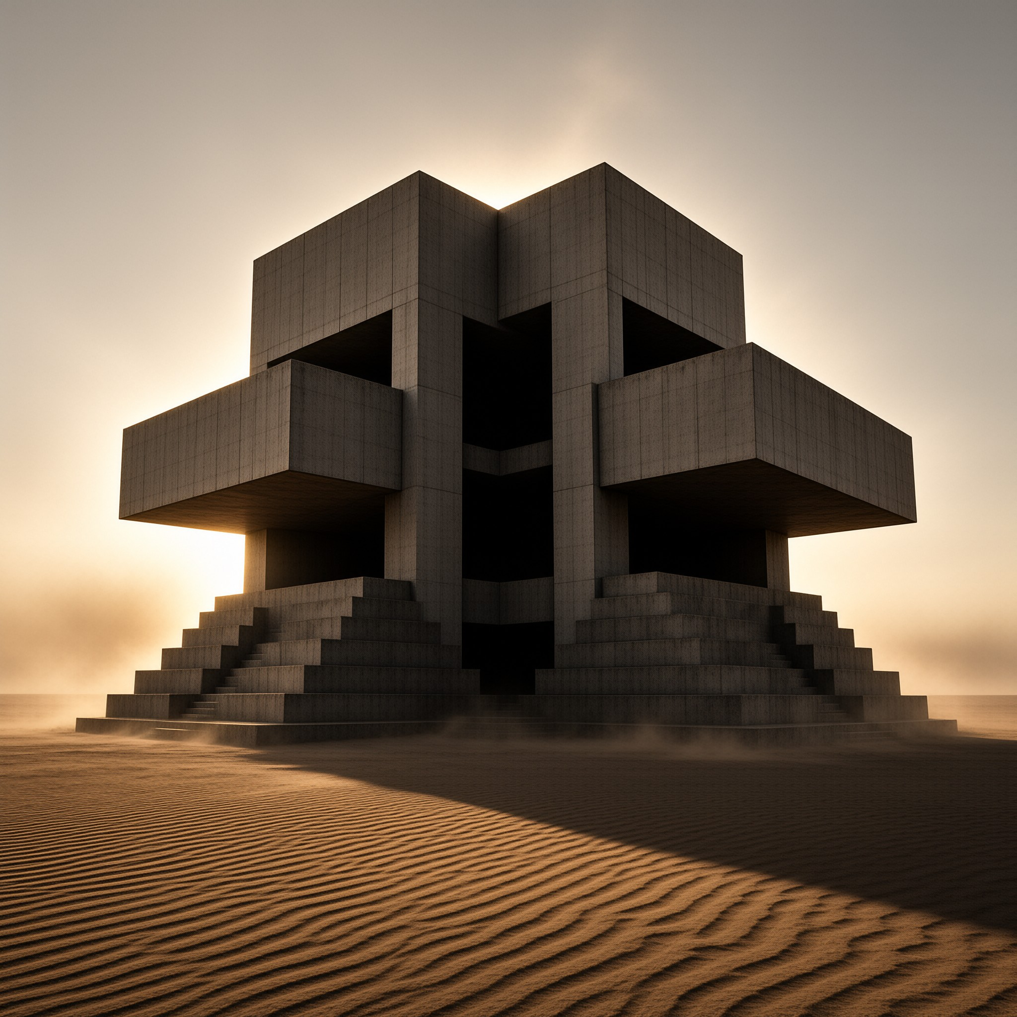 Brutalist Structure at Sunset