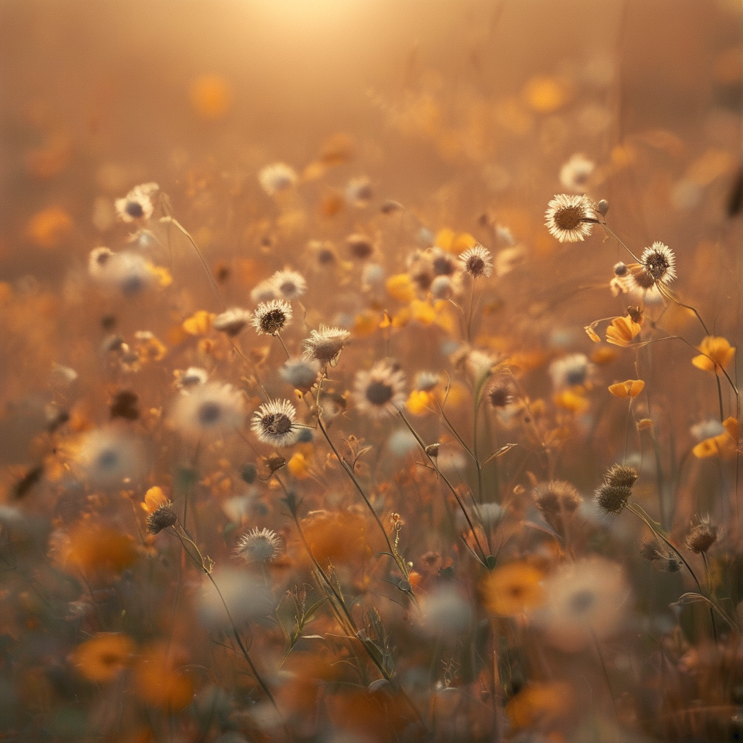 Dandelions and yellow blooms scattered across a meadow bathed in warm golden hour light.