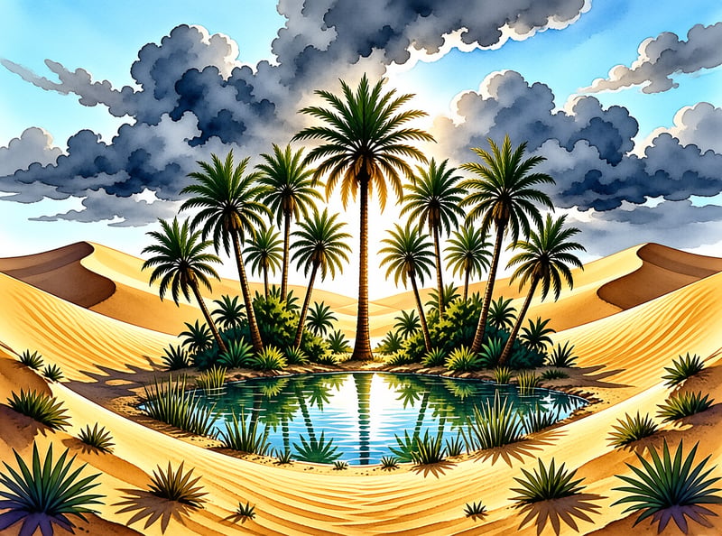 A cluster of green palm trees grows around a clear blue pond situated in the middle of vast golden sand dunes under a sky filled with dark grey clouds and bright sunlight.