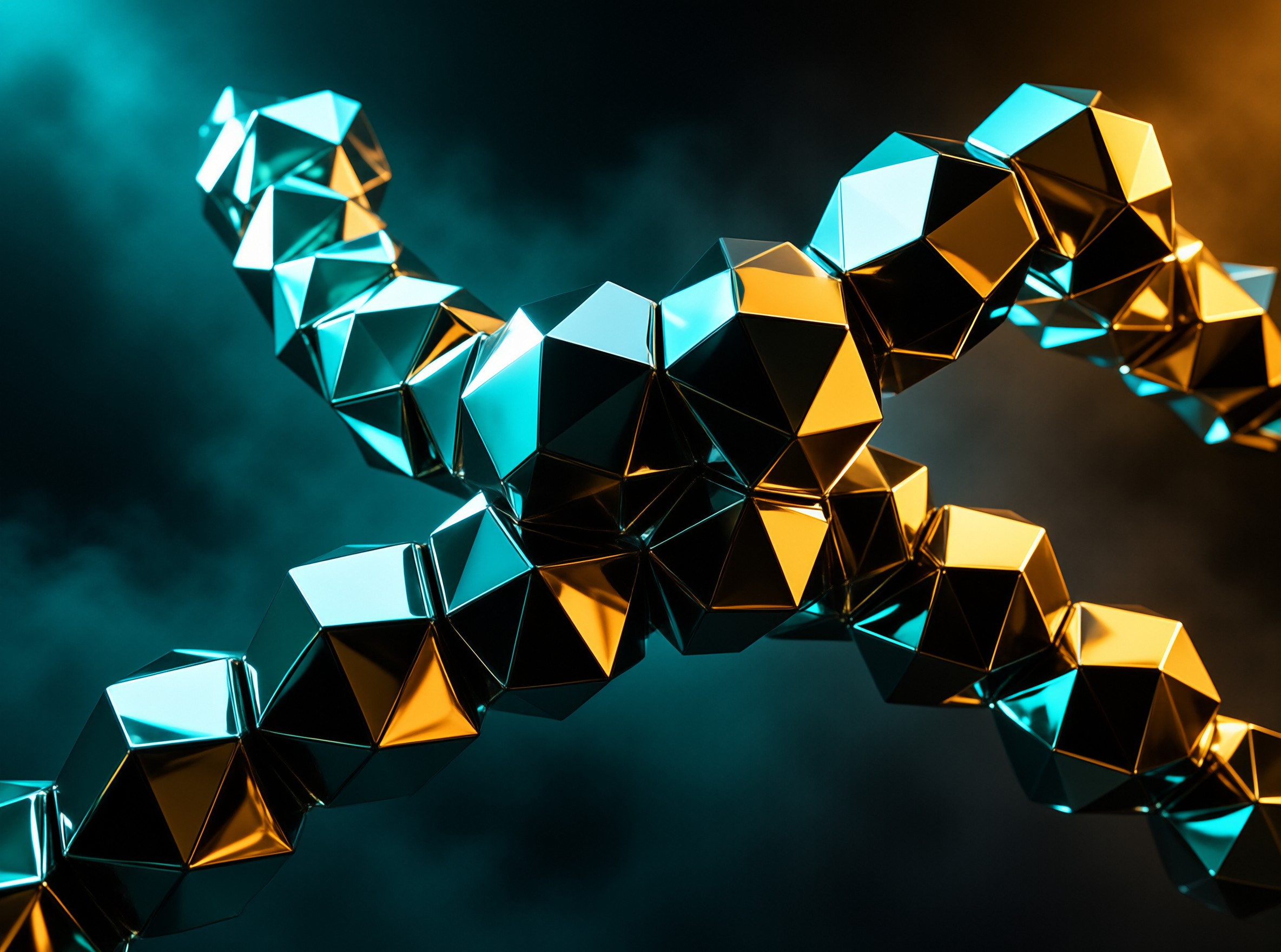 Interconnected angular mirrored polyhedrons cross a dark smoky space, lit by competing cool cyan and warm gold light sources.