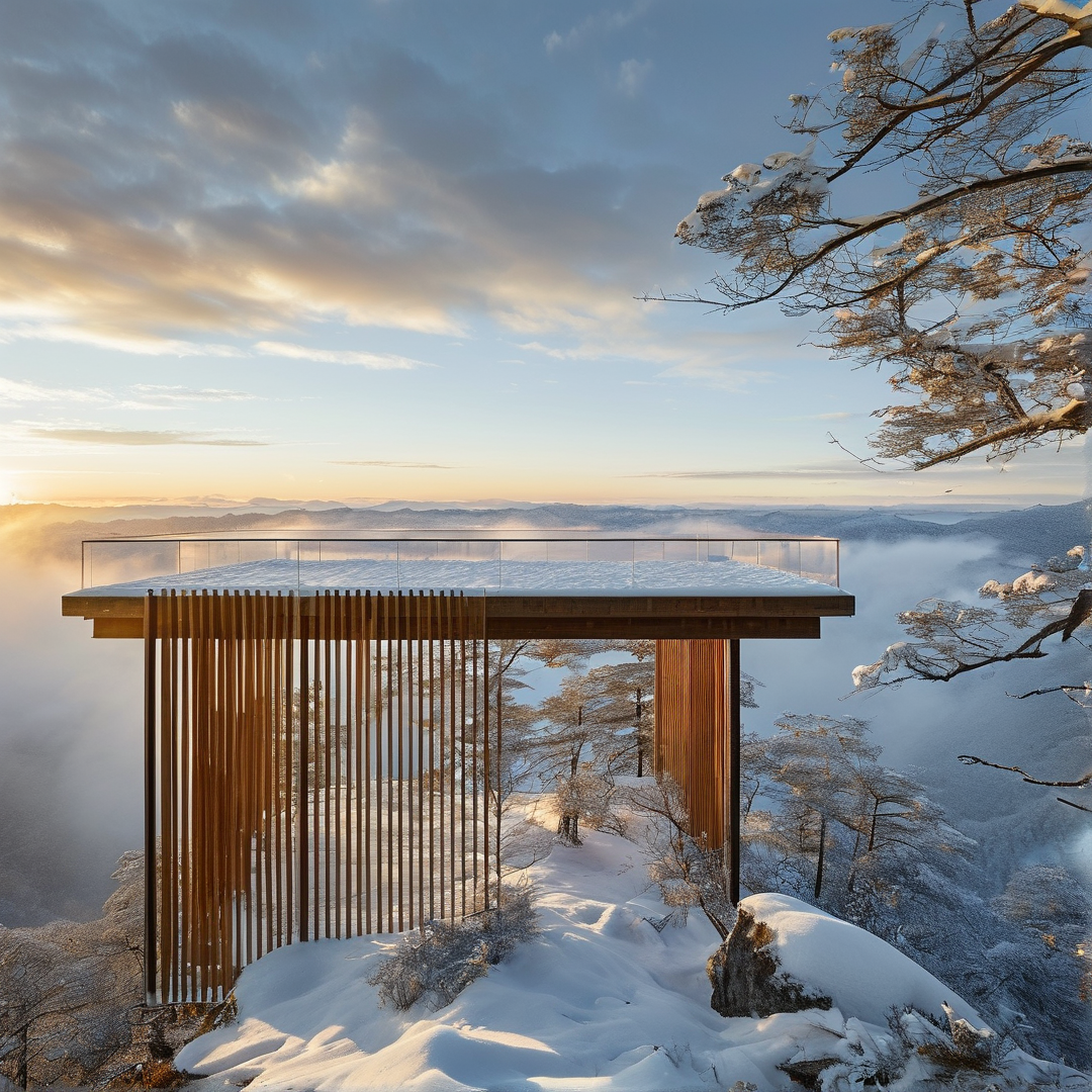A modern wooden pavilion stands on a snowy cliff, overlooking a sea of clouds illuminated by sunrise light.