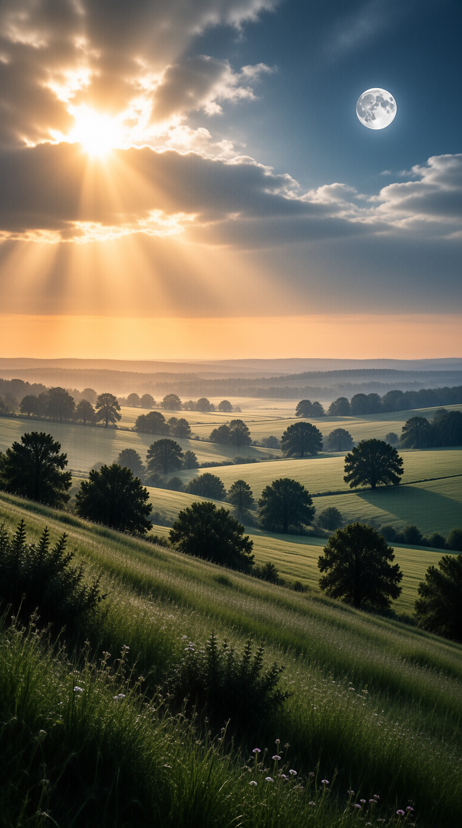 Sun and Moon Over Rolling Hills