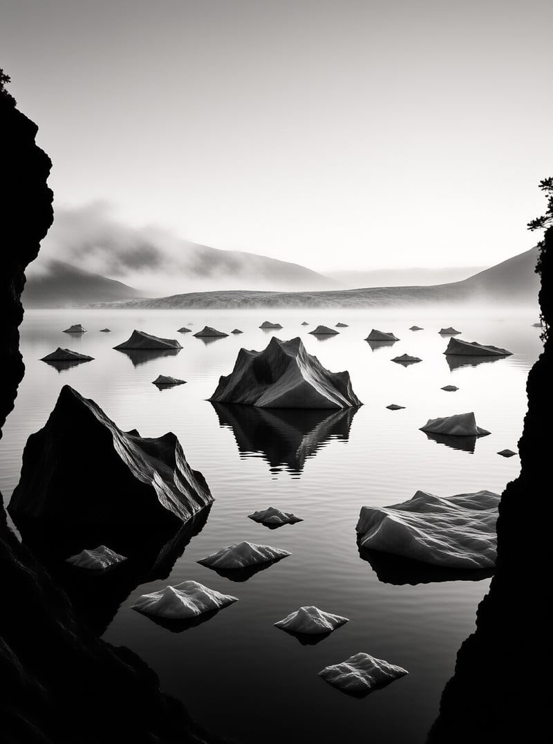 Jagged stone islets drift across a glassy black and white lake, framed by dark cliffs and fog shrouded hills.