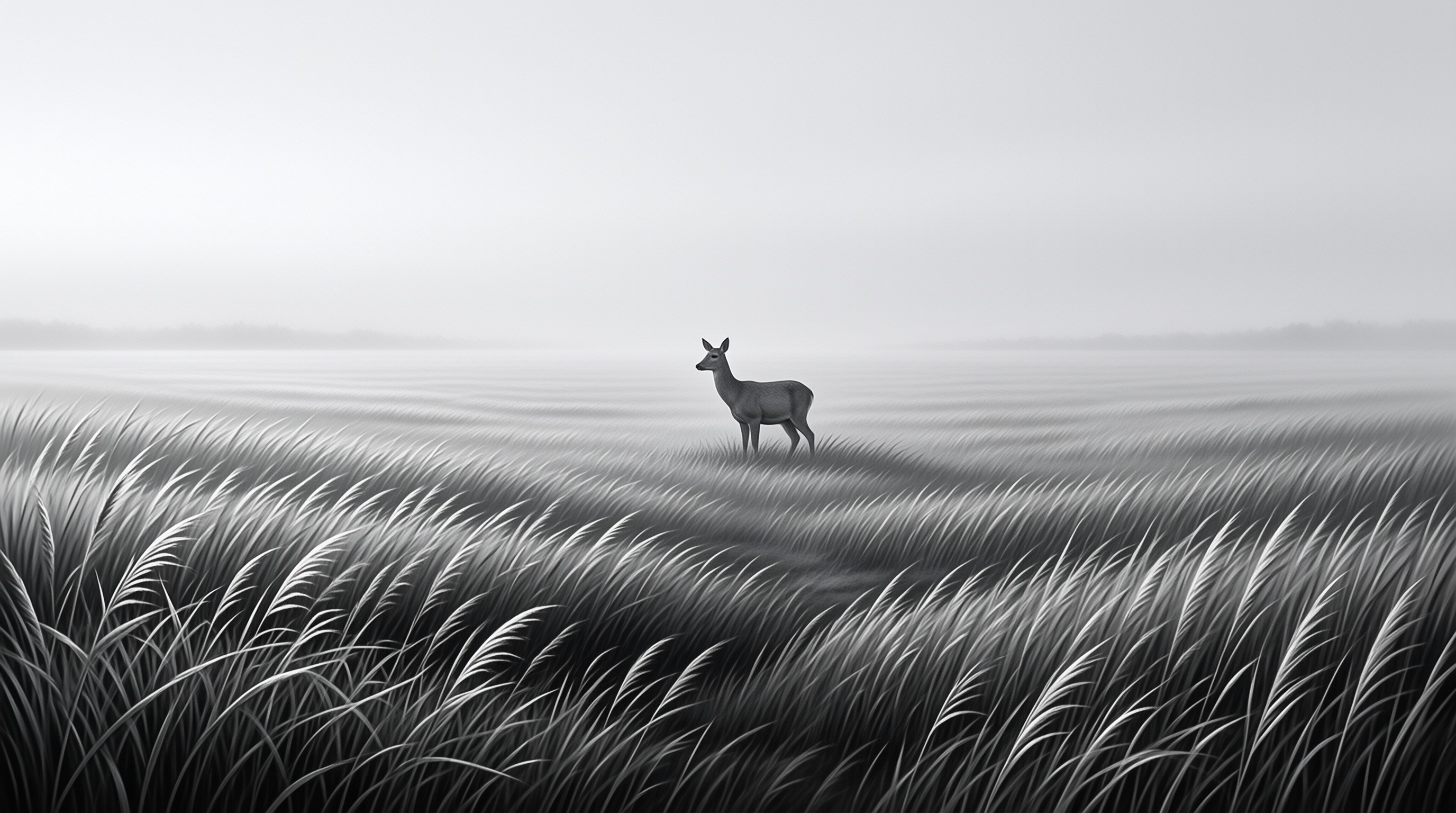 A lone deer stands alert in a sea of tall grass under a hazy overcast sky