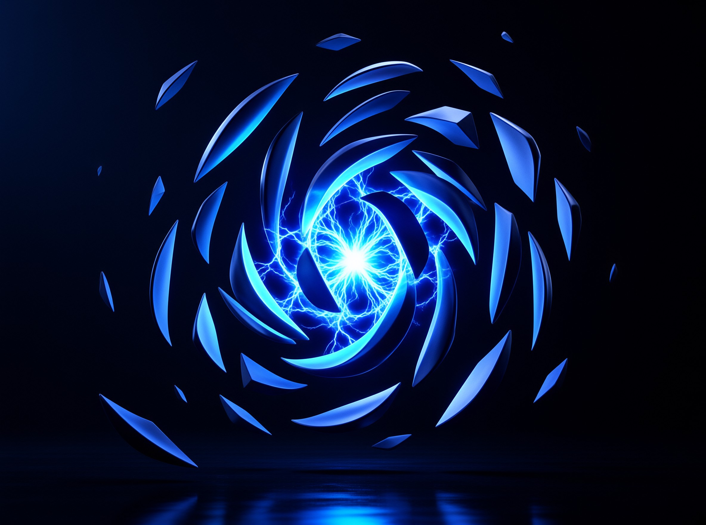 A luminous blue spiral radiates intense energy while jagged fragments orbit the core against a dark backdrop.