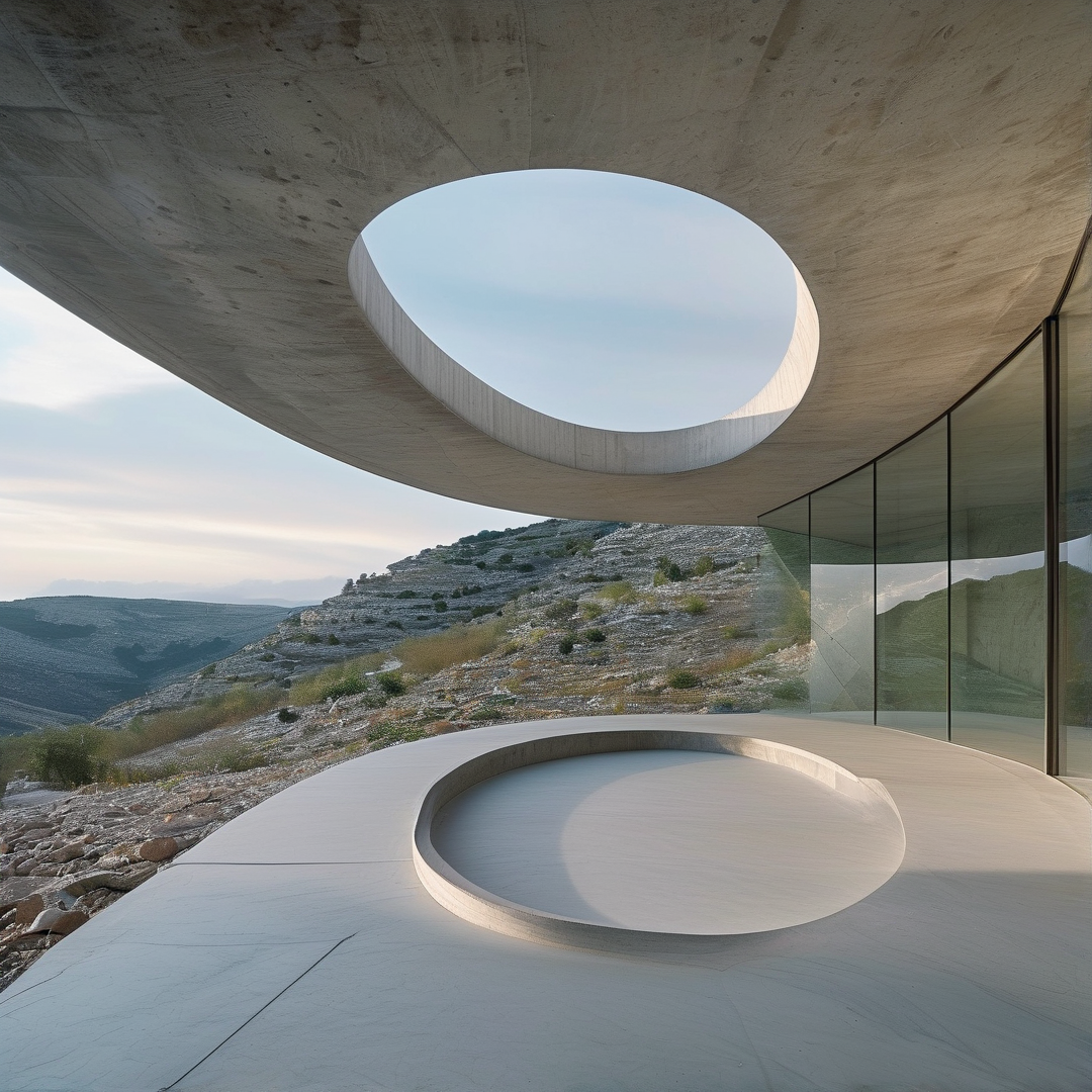 A curved concrete structure with a circular skylight overlooks arid hills under soft morning light