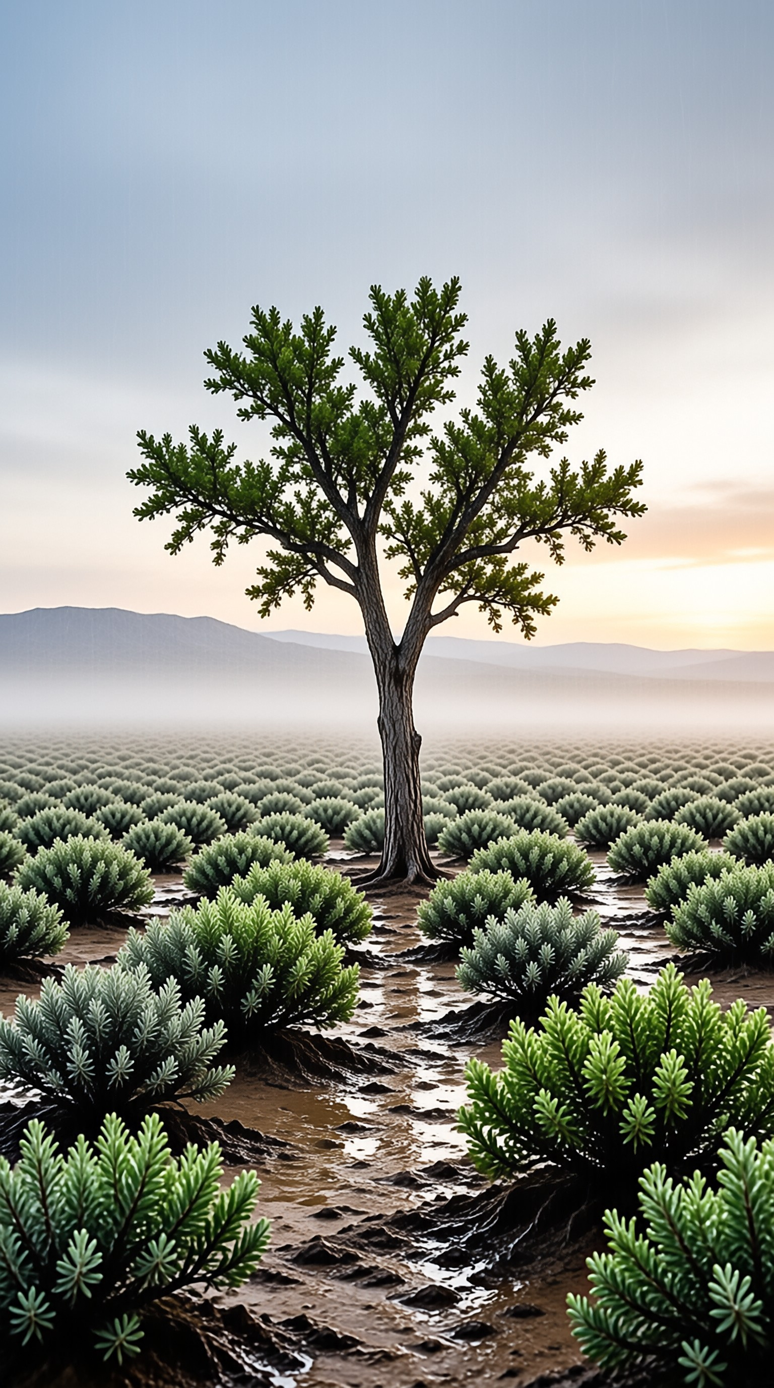 Lone Tree in Misty Field