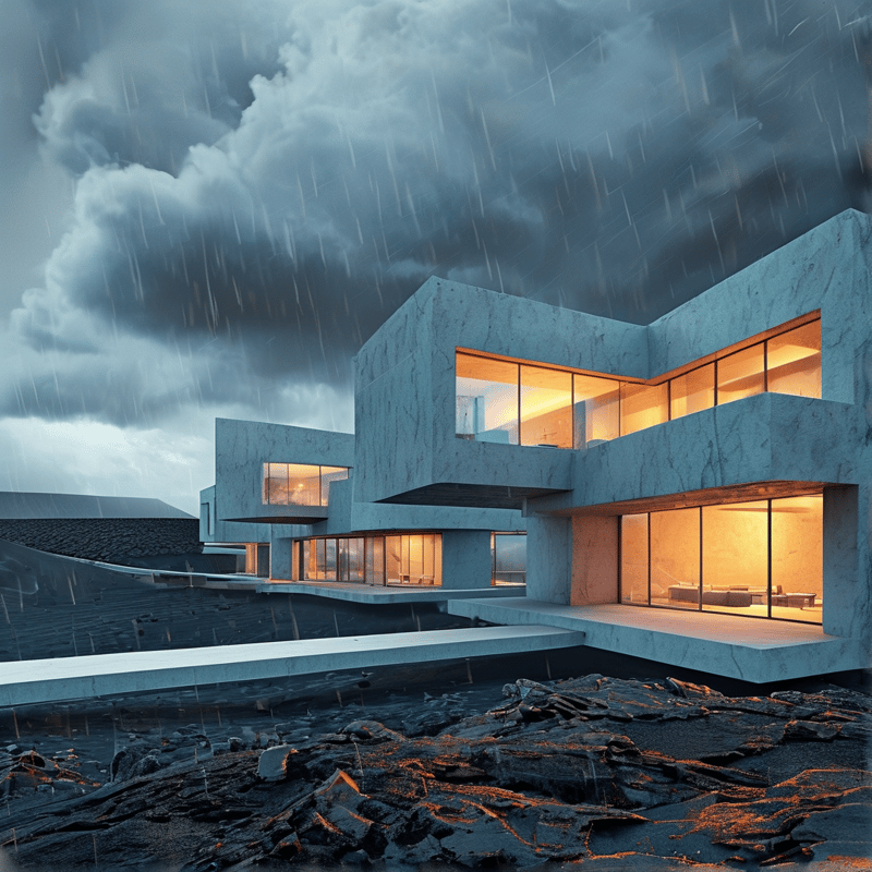 Modern concrete building on rocks during rain with warm interior lights shining through large windows against dark clouds