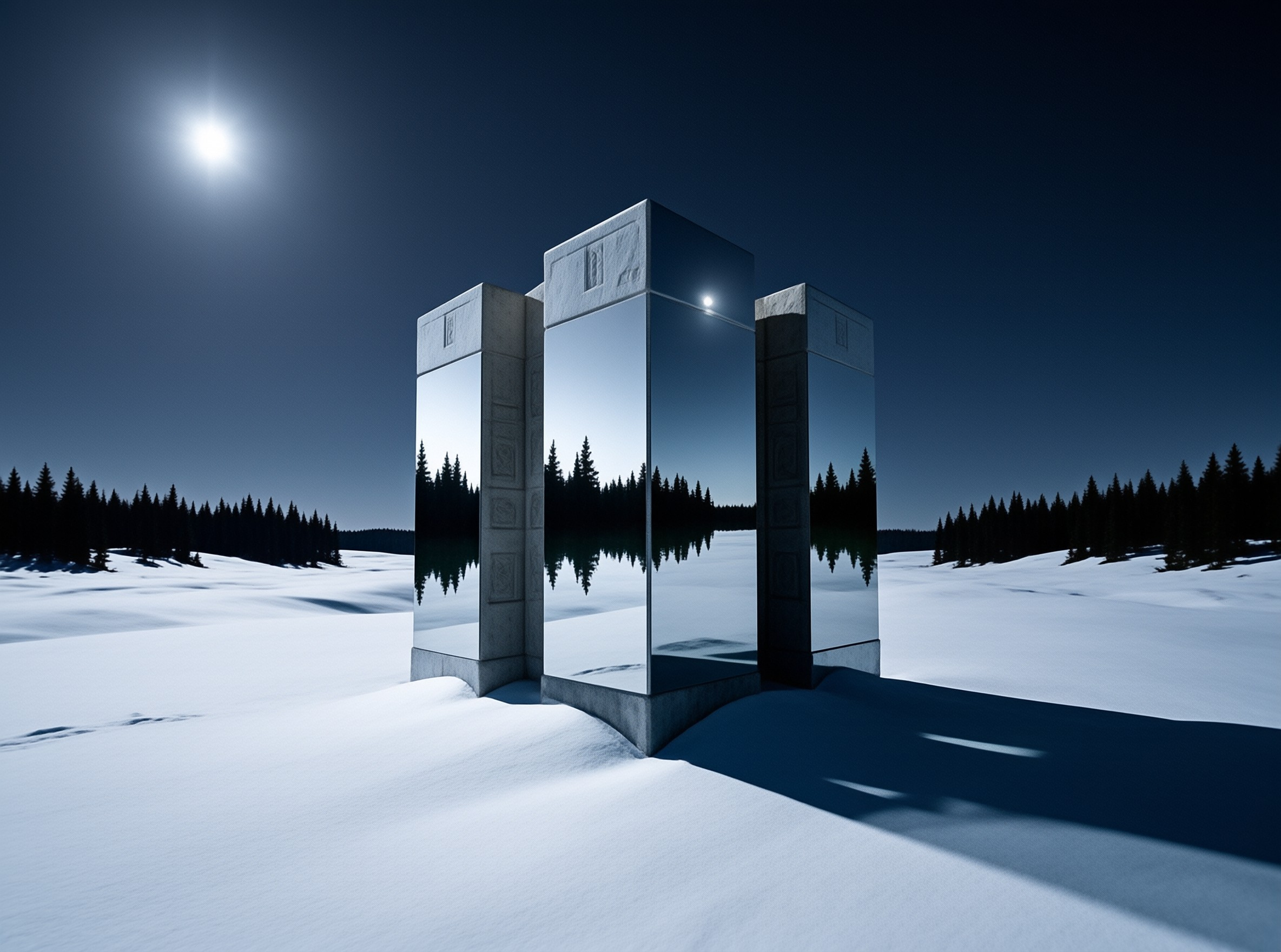 Mirror Monoliths in Moonlit Snow