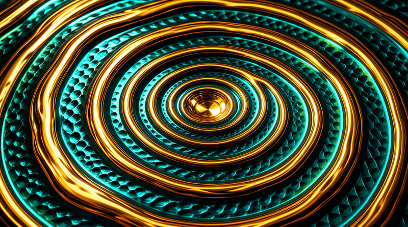 Glossy amber rings spiral outward through textured turquoise metal in an abstract close-up render.