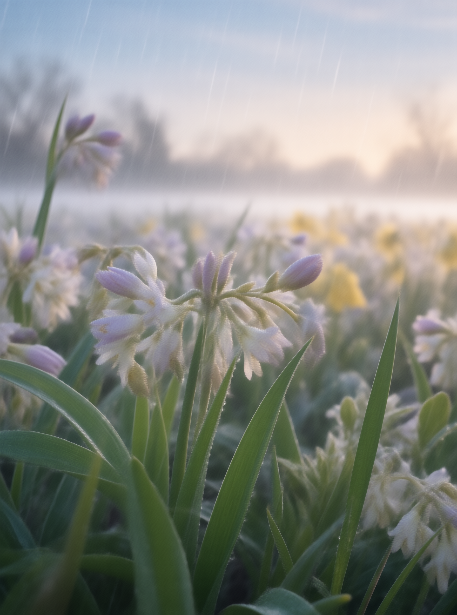 Misty Morning Rain Over Wildflowers