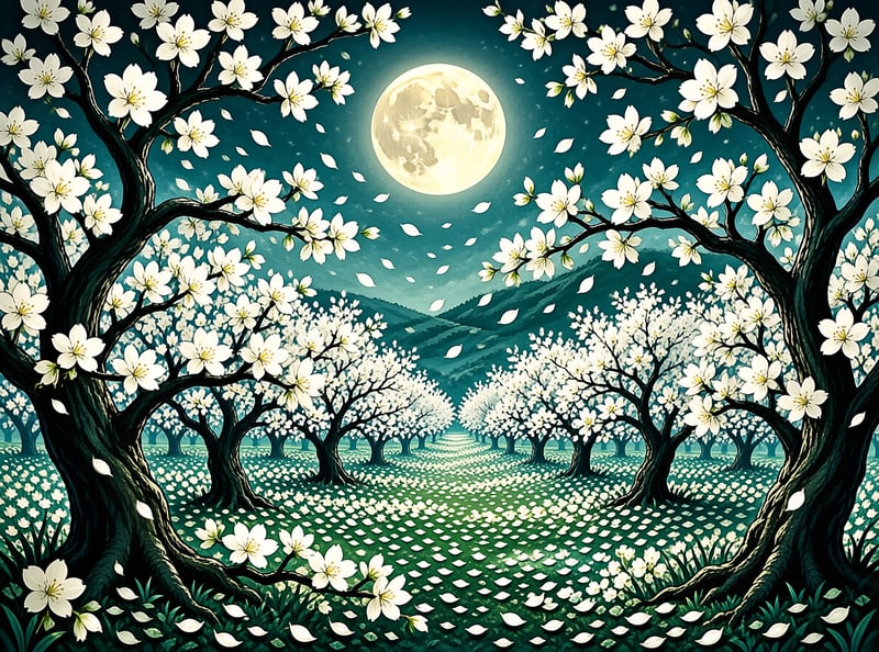Dark trees with white blossoms frame a bright full moon in a deep blue night sky with petals scattered below.