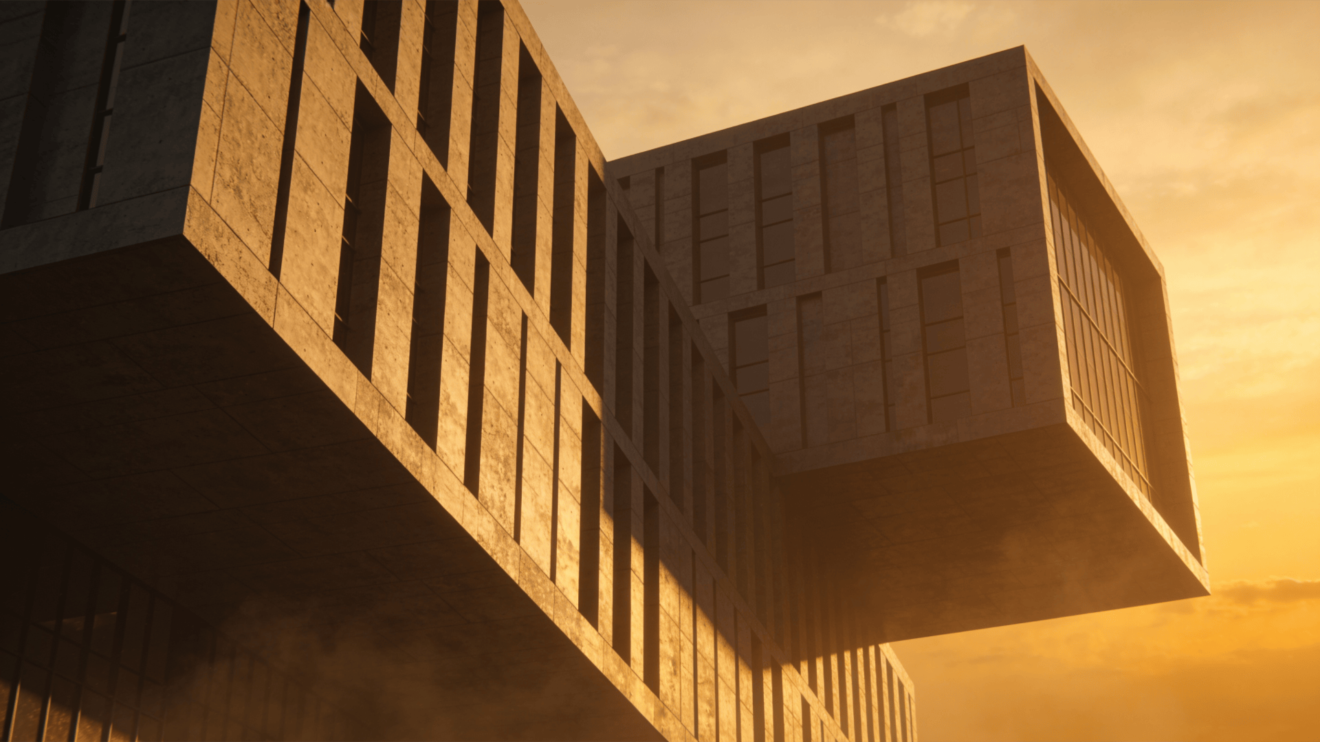 Museum with Brutalist Massing — Golden Sunset