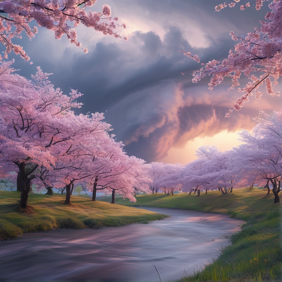 Cherry Blossom River Scene