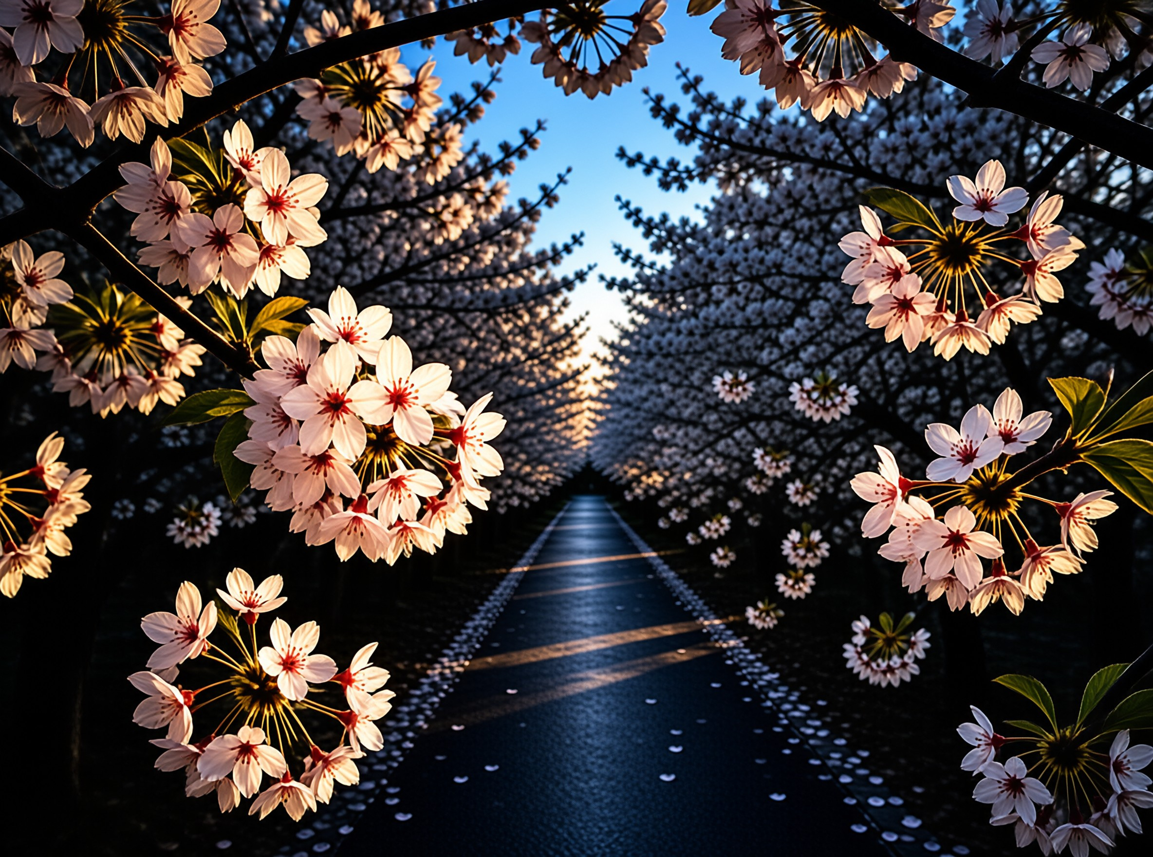 Rows of white cherry blossoms frame a dark path while sunlight glows through the branches.
