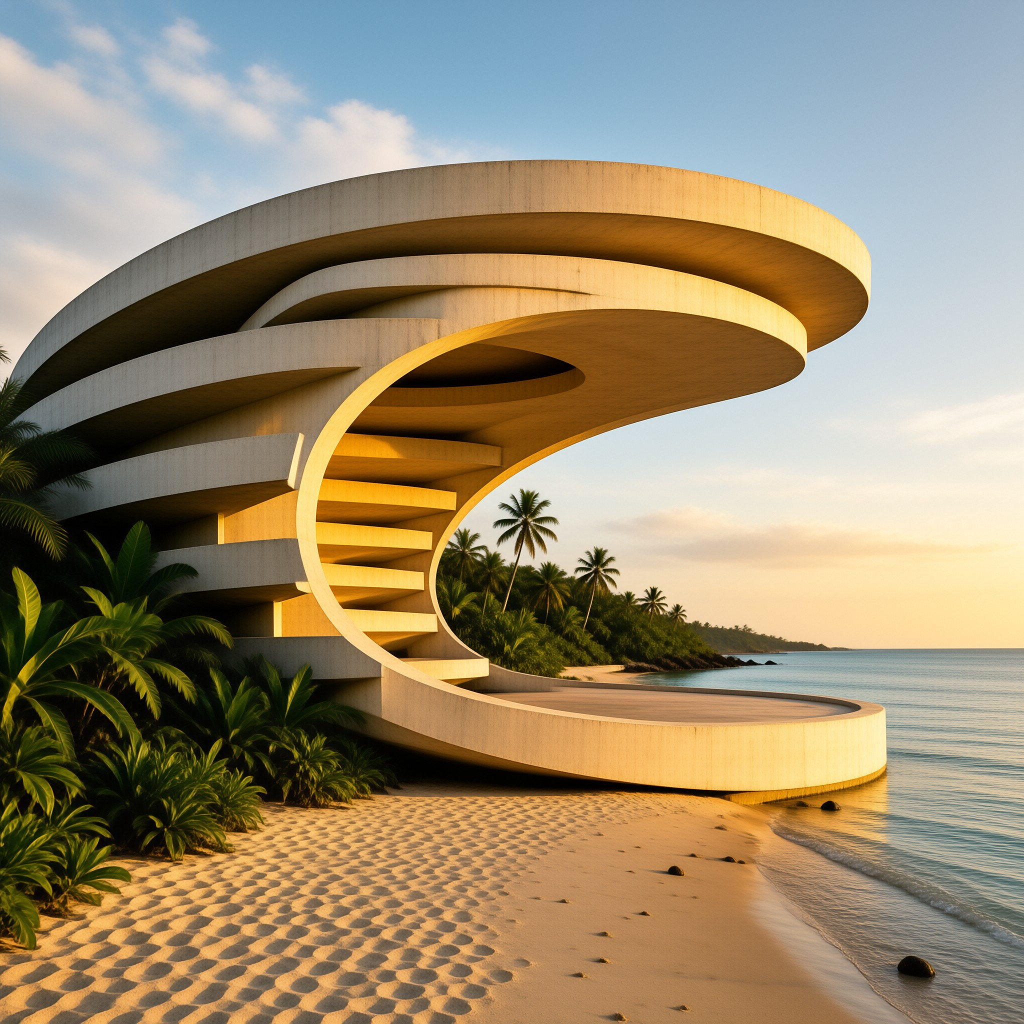 Curved white architecture with layered terraces overlooks a calm ocean and sandy beach during golden hour.