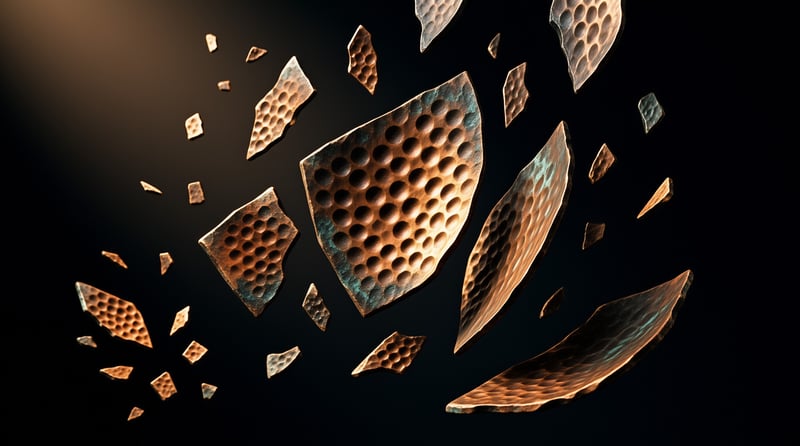 Fragmented sheets of dimpled copper and bronze drift across a dark void, catching warm light on their hammered surfaces.