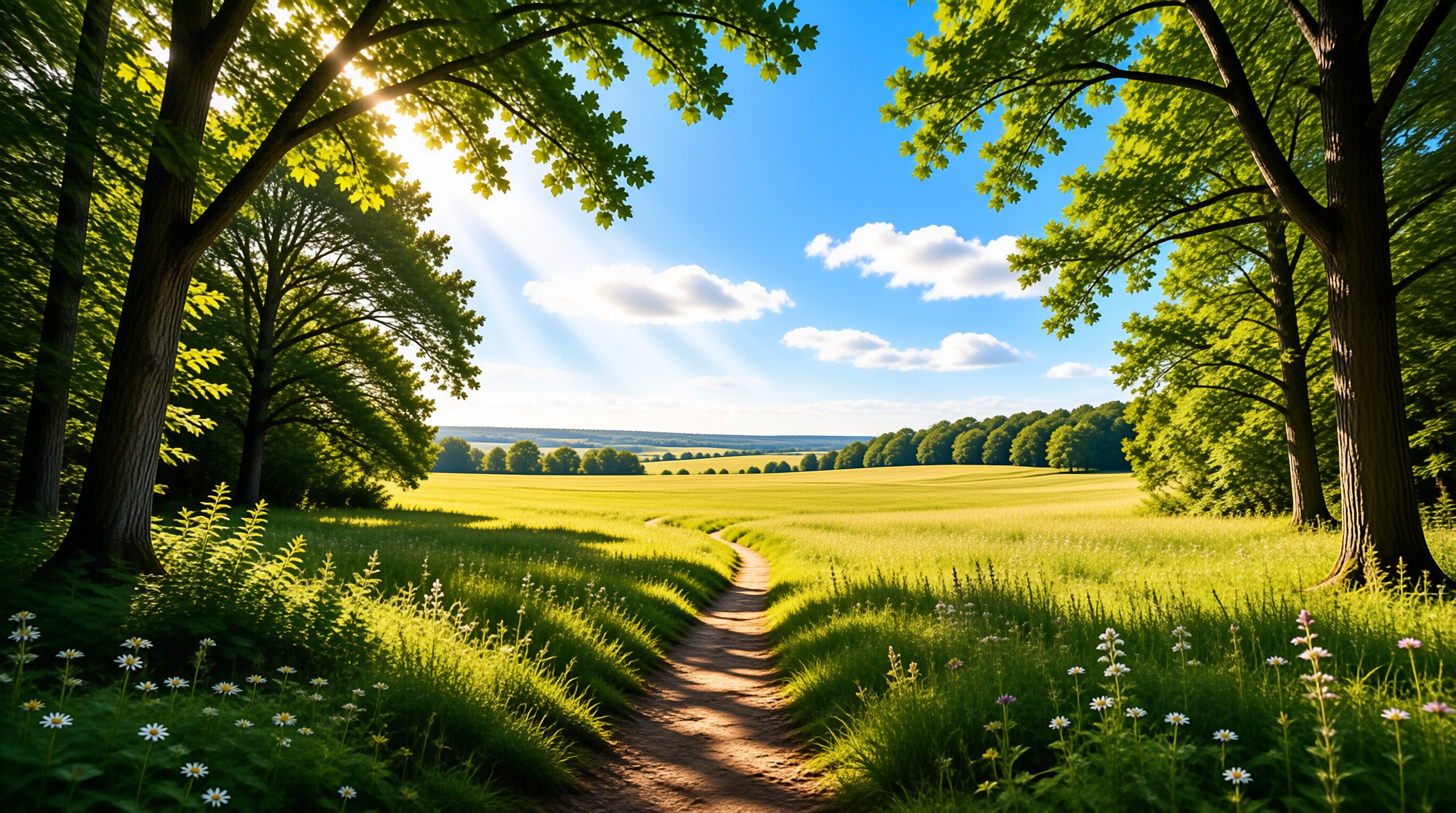 Sunlit Path in Green Field