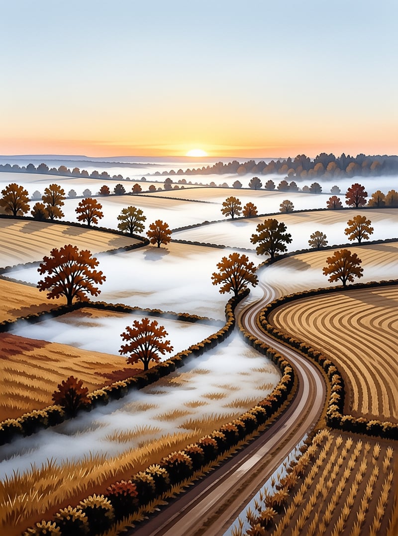 Golden fields with orange trees surround a winding road filled with mist beneath a sunrise.