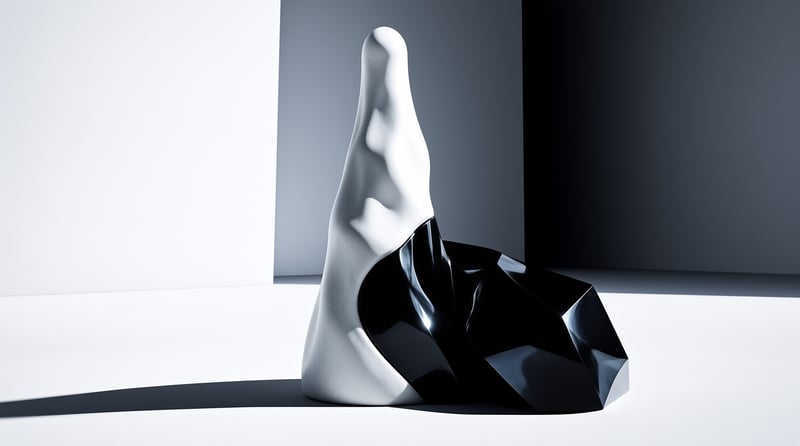 A tall white organic form merges with a low glossy black crystal shape on a white studio floor casting long shadows.