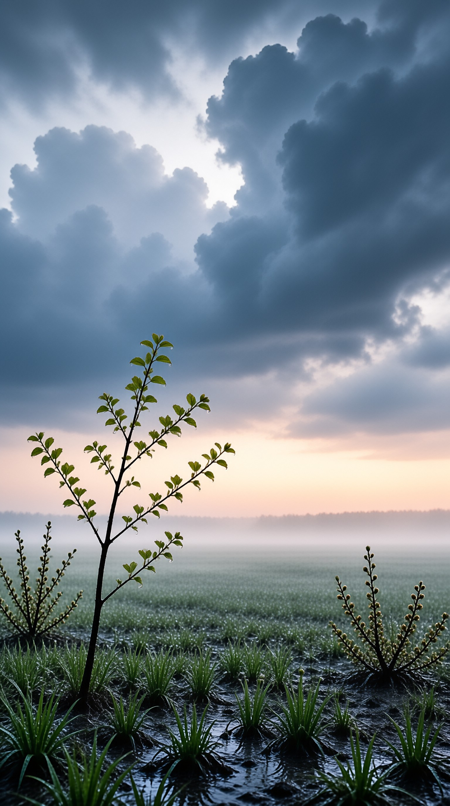 Lone Sapling in Misty Field