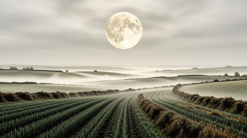 A bright full moon hangs above misty rolling fields carved with long rows of green crops