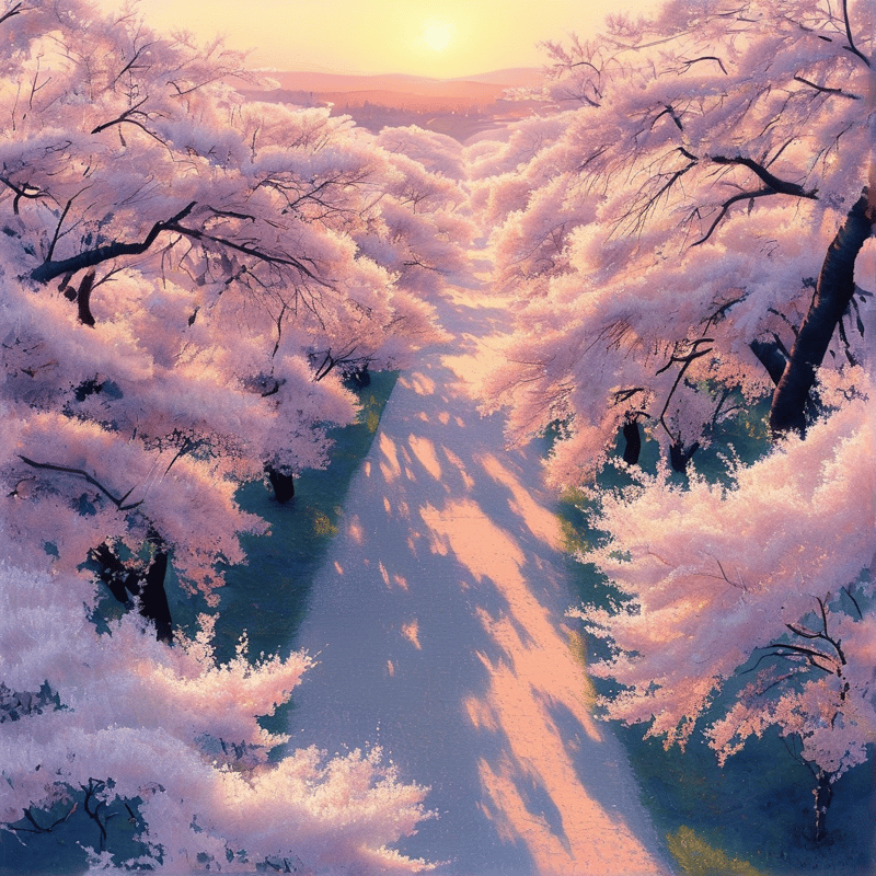 Rows of blooming sakura trees frame a central path where warm evening light stretches long dark shadows across the ground.