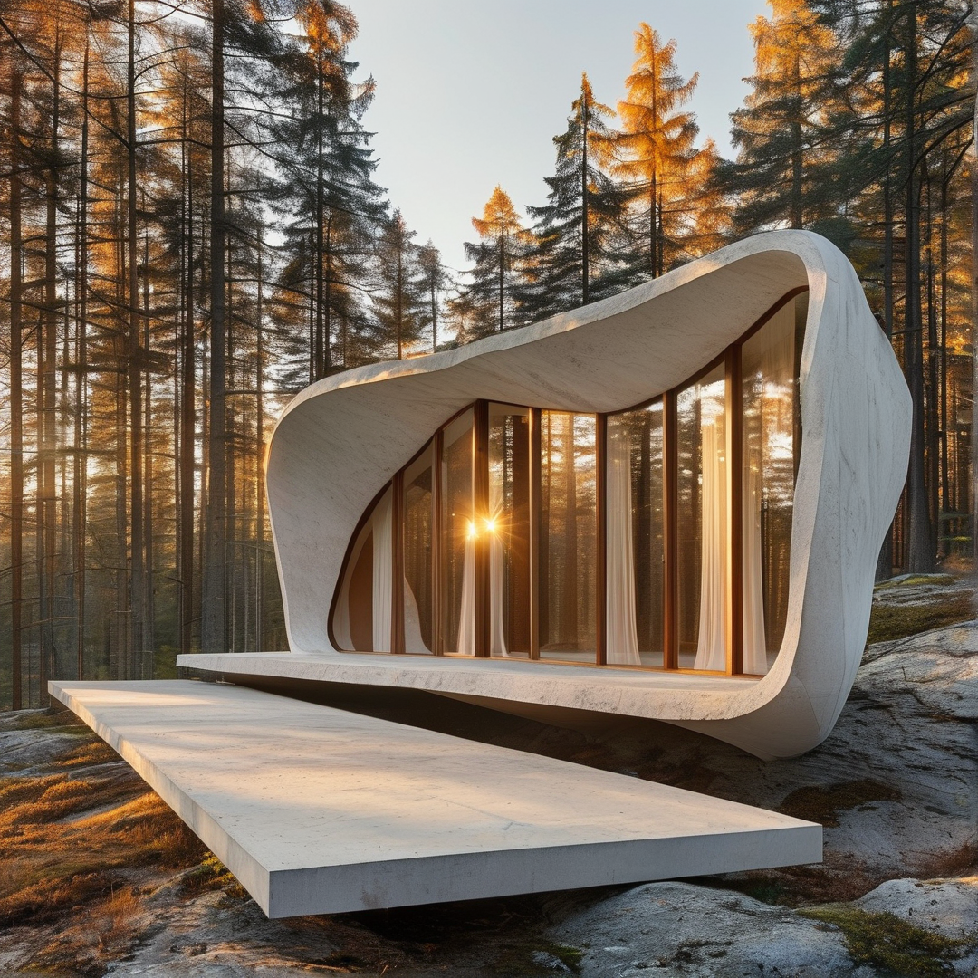 Sculptural white pavilion with floor to ceiling windows sits on rocks within a forest during golden hour.
