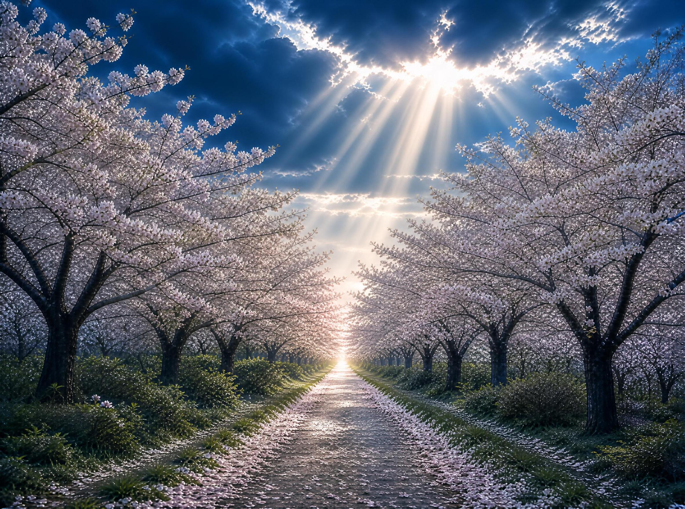 Sunlit Cherry Blossom Path