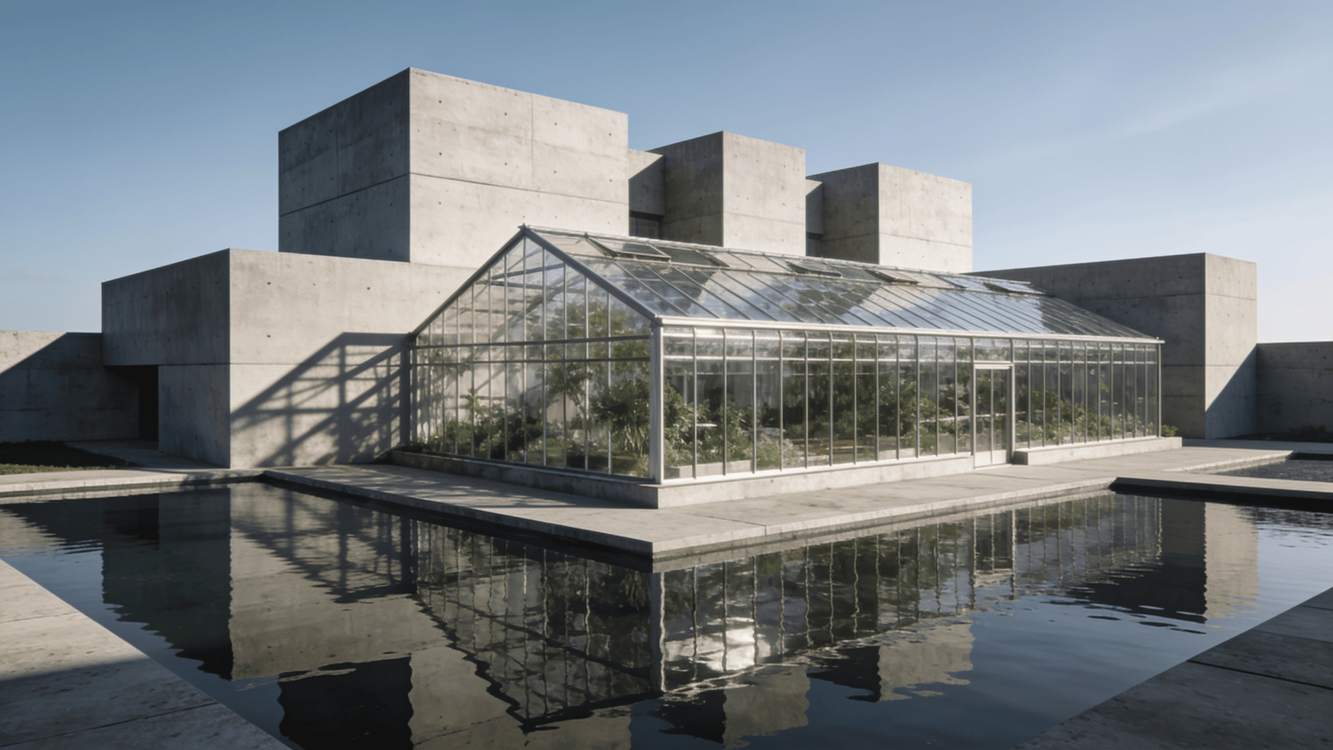 Greenhouse with Brutalist Massing — Reflecting Pool